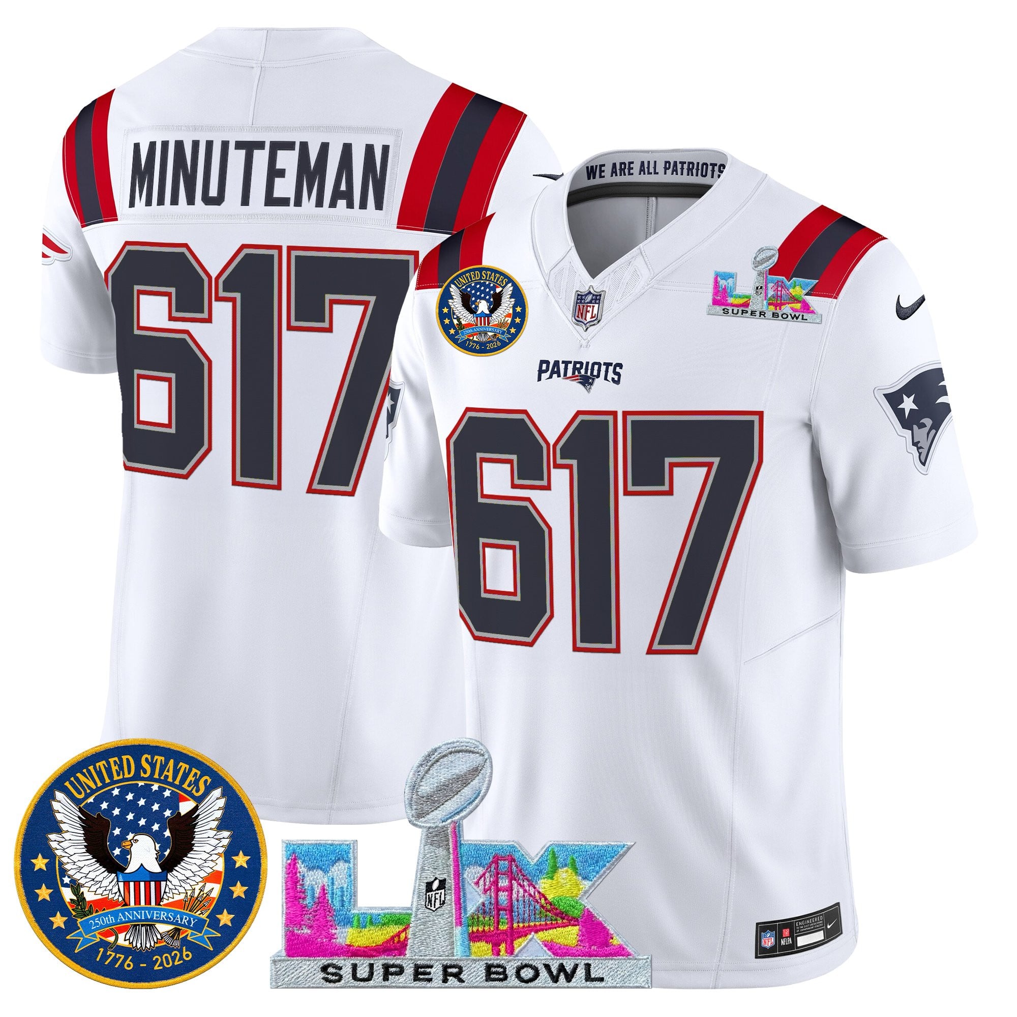 Minuteman 617 Men's New England Patriots “Super Bowl LX & United States 250th Patch” Vapor Limited White Jersey - All Stitched
