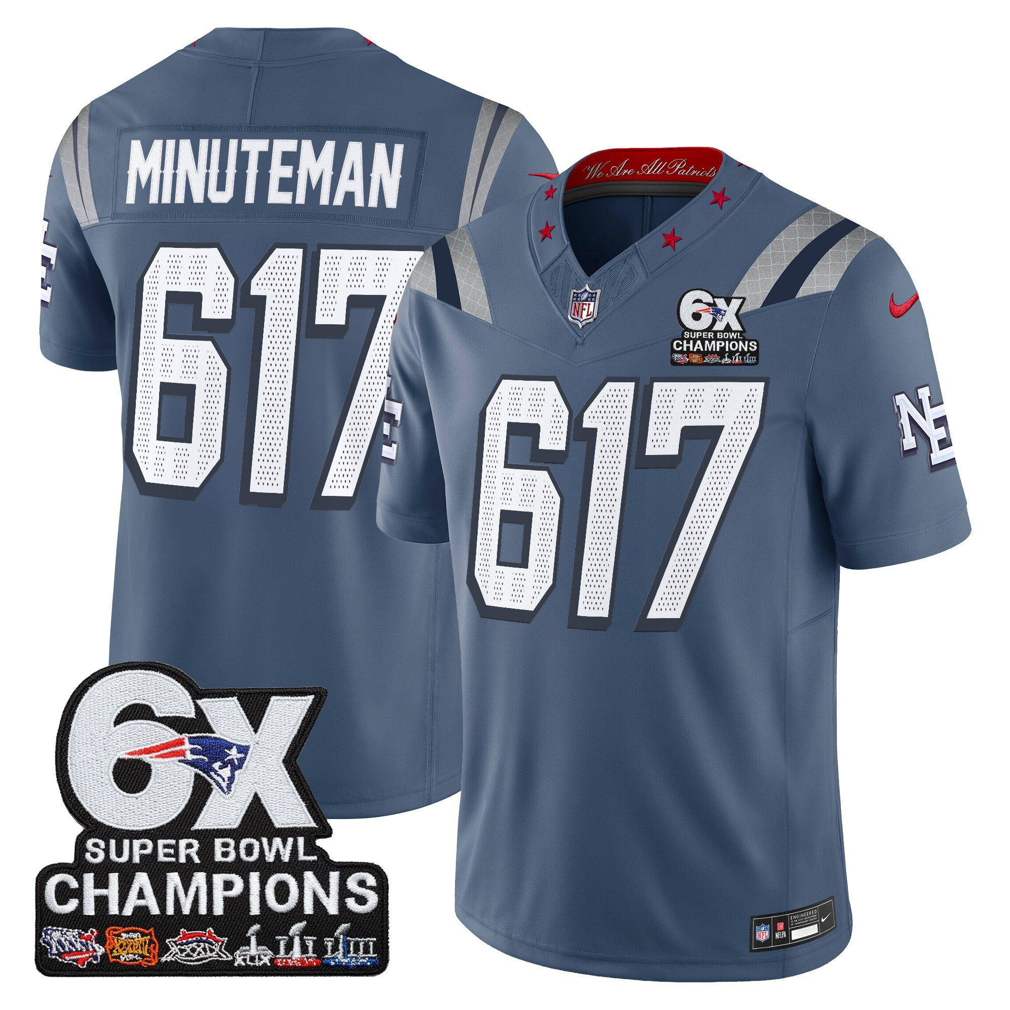 Minuteman 617 Men's New England Patriots 6-Time Champions Patch Vapor Limited Storm Blue Jersey - All Stitched