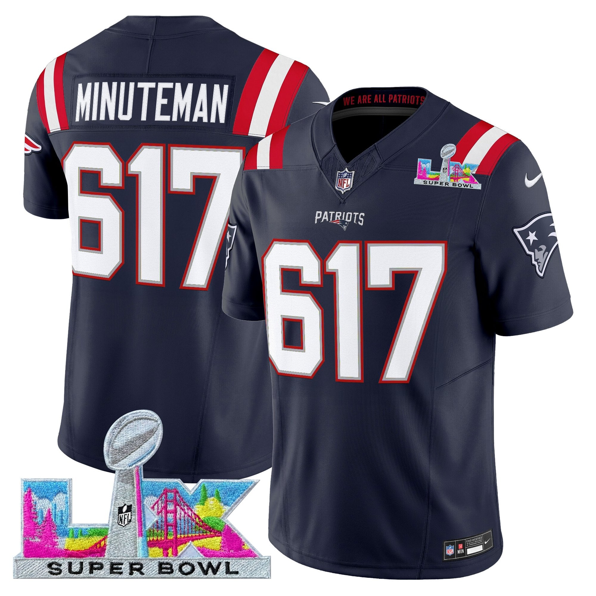 Minuteman 617 Men's New England Patriots Super Bowl LX Vapor Limited Navy Jersey - All Stitched