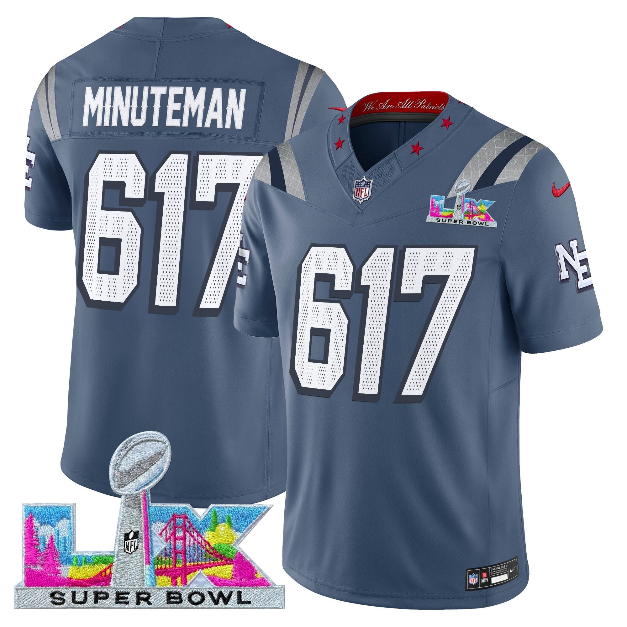 Minuteman 617 Men's New England Patriots Super Bowl LX Vapor Limited Storm Blue Jersey - All Stitched