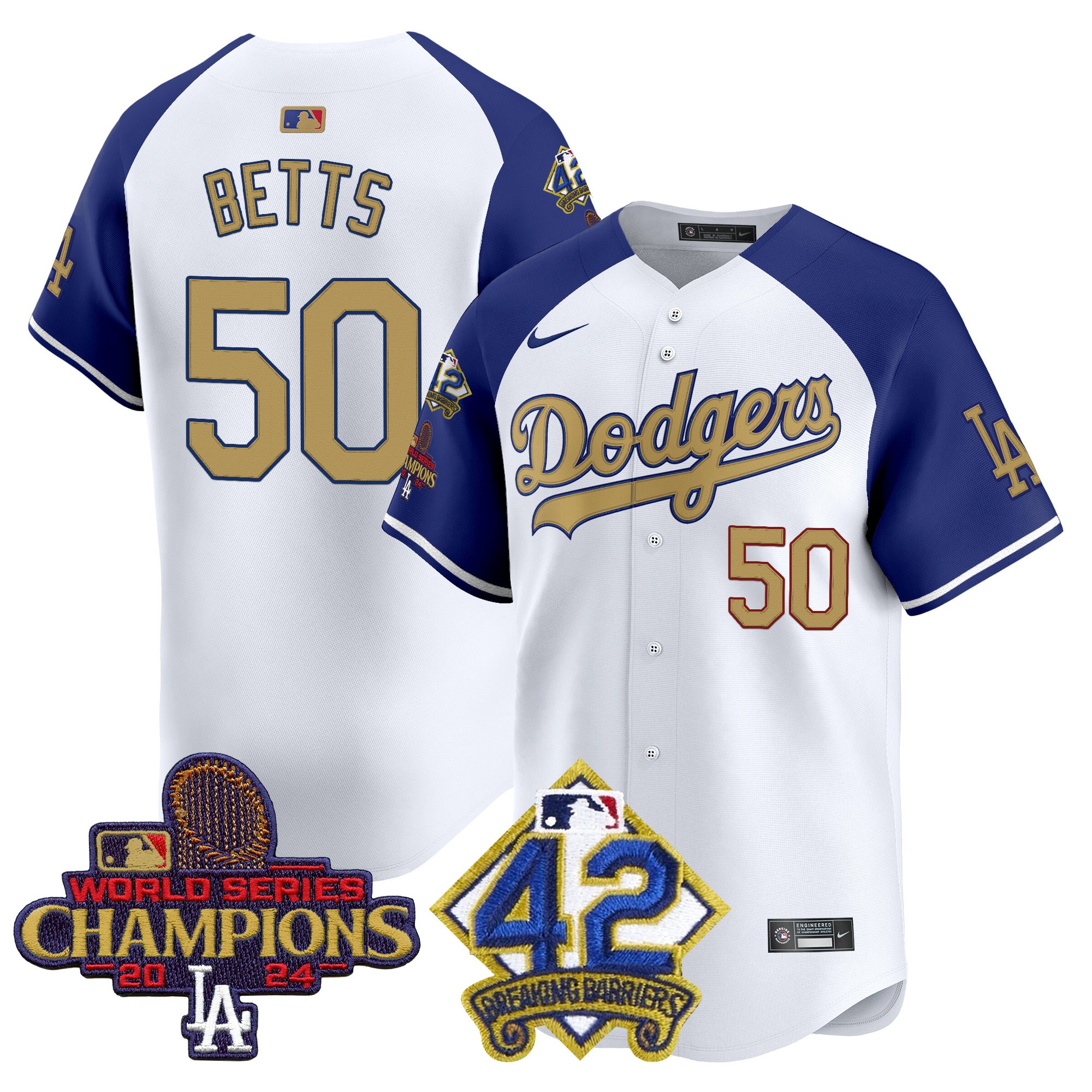 Mookie Betts Men's Los Angeles Dodgers 2024 World Series Champions & Jackie Robinson Patch Vapor Premier Limited Alternate Jersey - All Stitched
