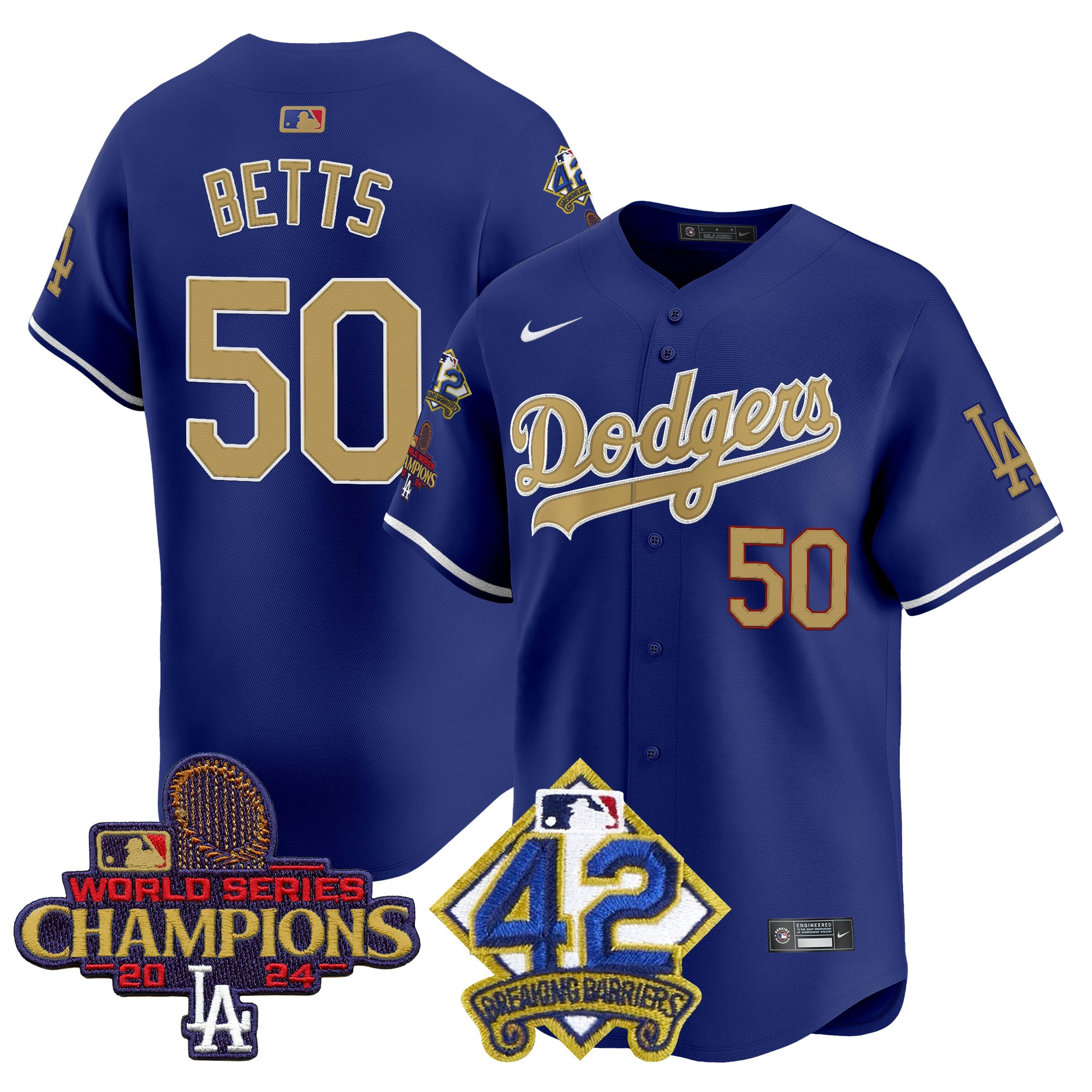 Mookie Betts Men's Los Angeles Dodgers 2024 World Series Champions & Jackie Robinson Patch Vapor Premier Limited Royal Jersey - All Stitched