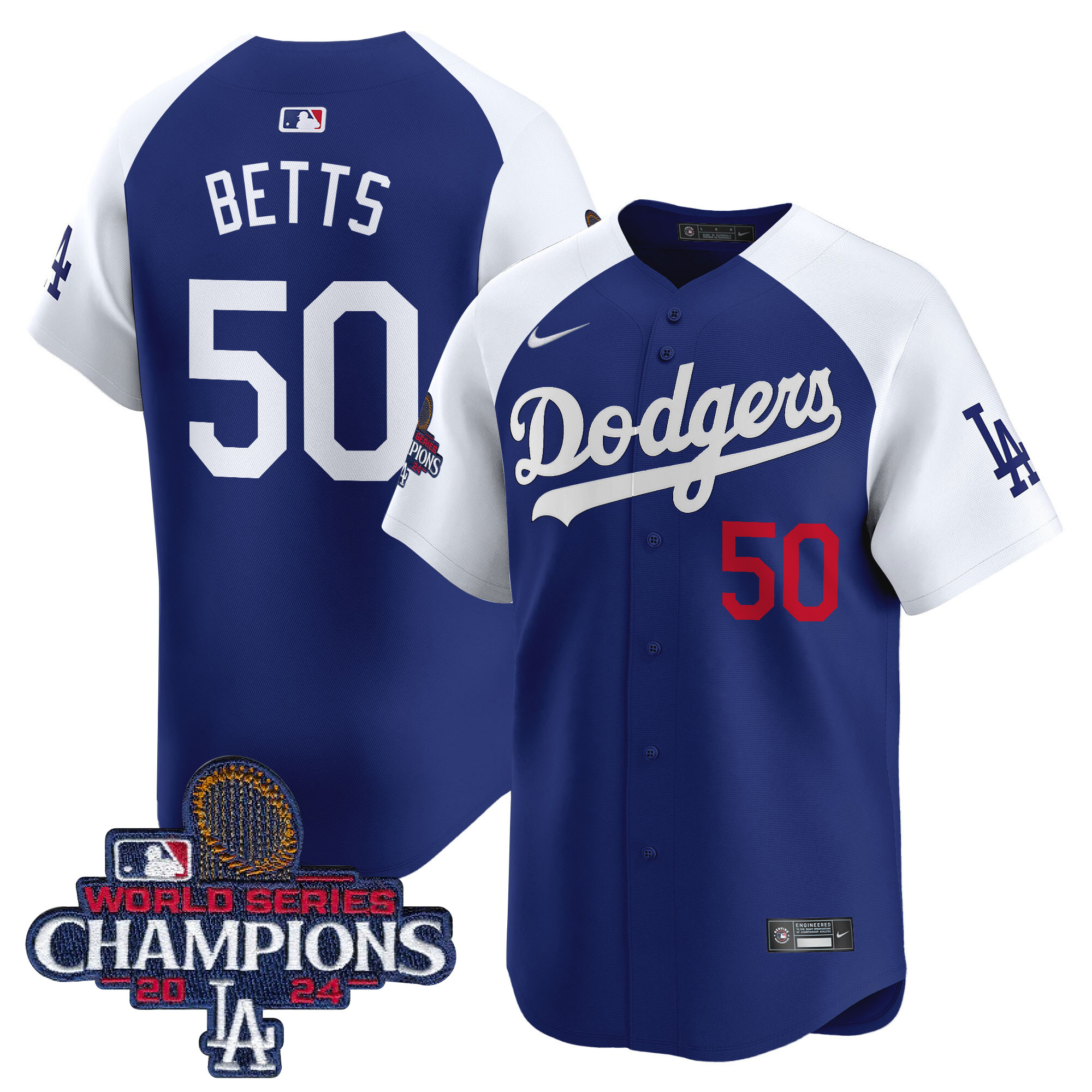 Mookie Betts Men's Los Angeles Dodgers 2024 World Series Champions Patch Vapor Premier Limited Alternate Royal Jersey - All Stitched