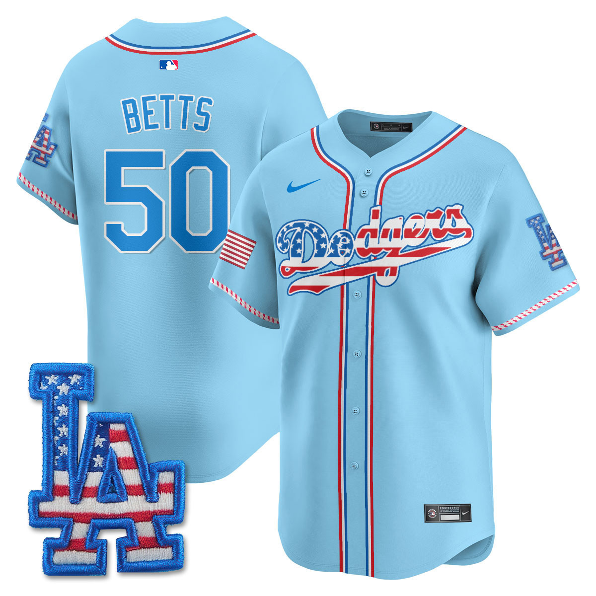 Mookie Betts Men's Los Angeles Dodgers 2025 Fourth of July Vapor Premier Limited Light Blue Jersey - All Stitched