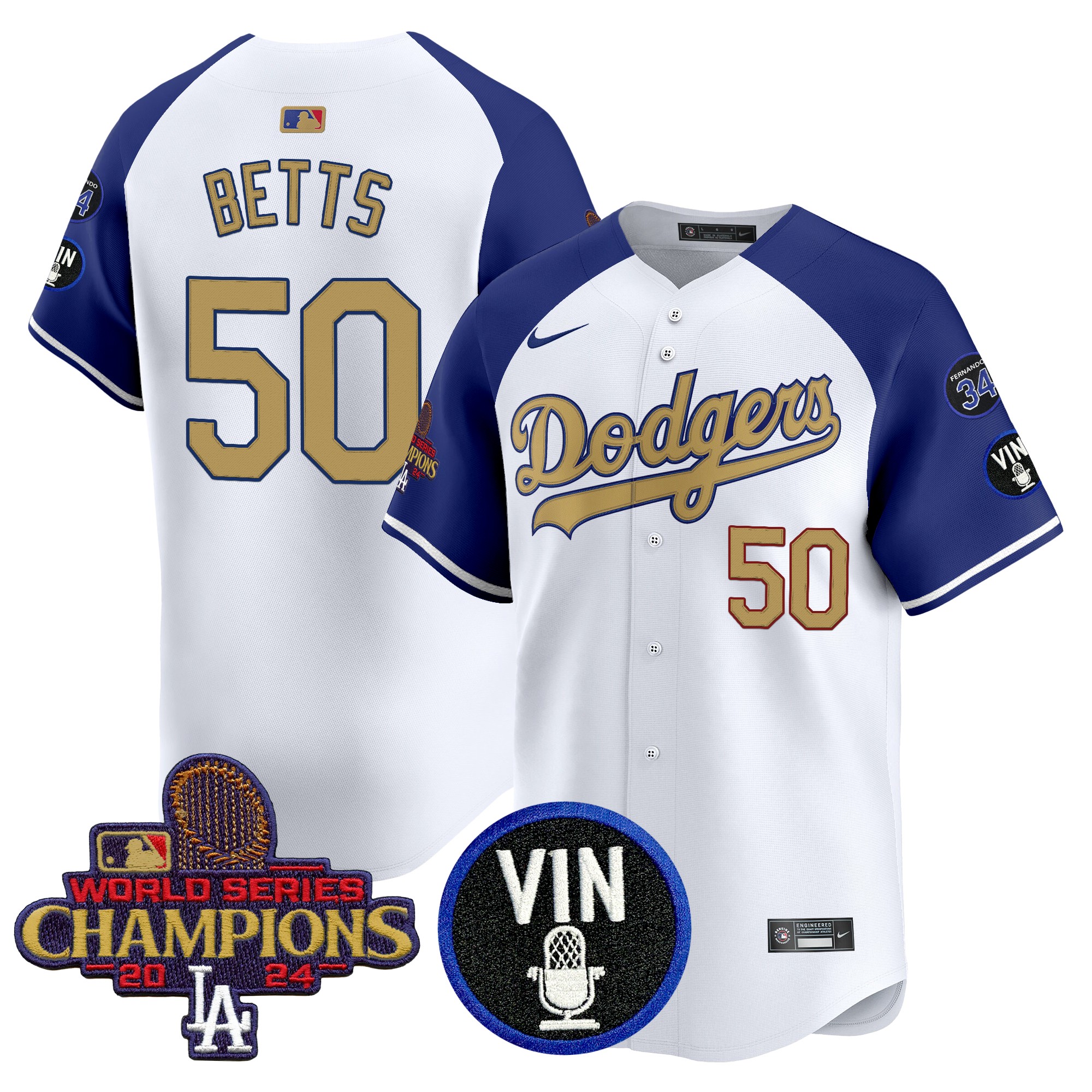 Mookie Betts Men's Los Angeles Dodgers 2025 Vin Scully & #34 Fernando Patch Gold Vapor Premier Limited Alternate Jersey - All Stitched