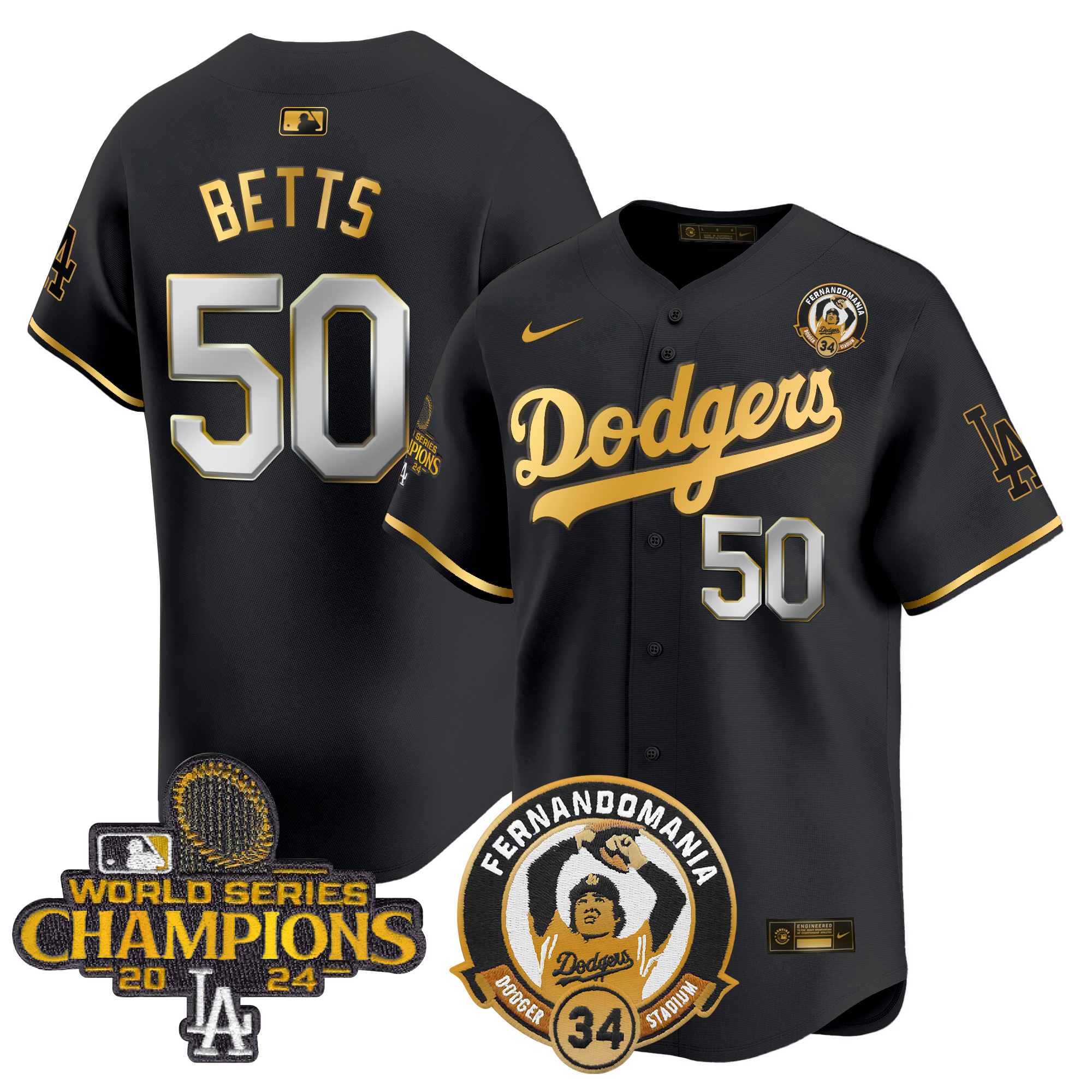 Mookie Betts Men's Los Angeles Dodgers Fernando & 2024 World Series Champions Patch Vapor Premier Limited Black Gold Jersey V2 - All Stitched