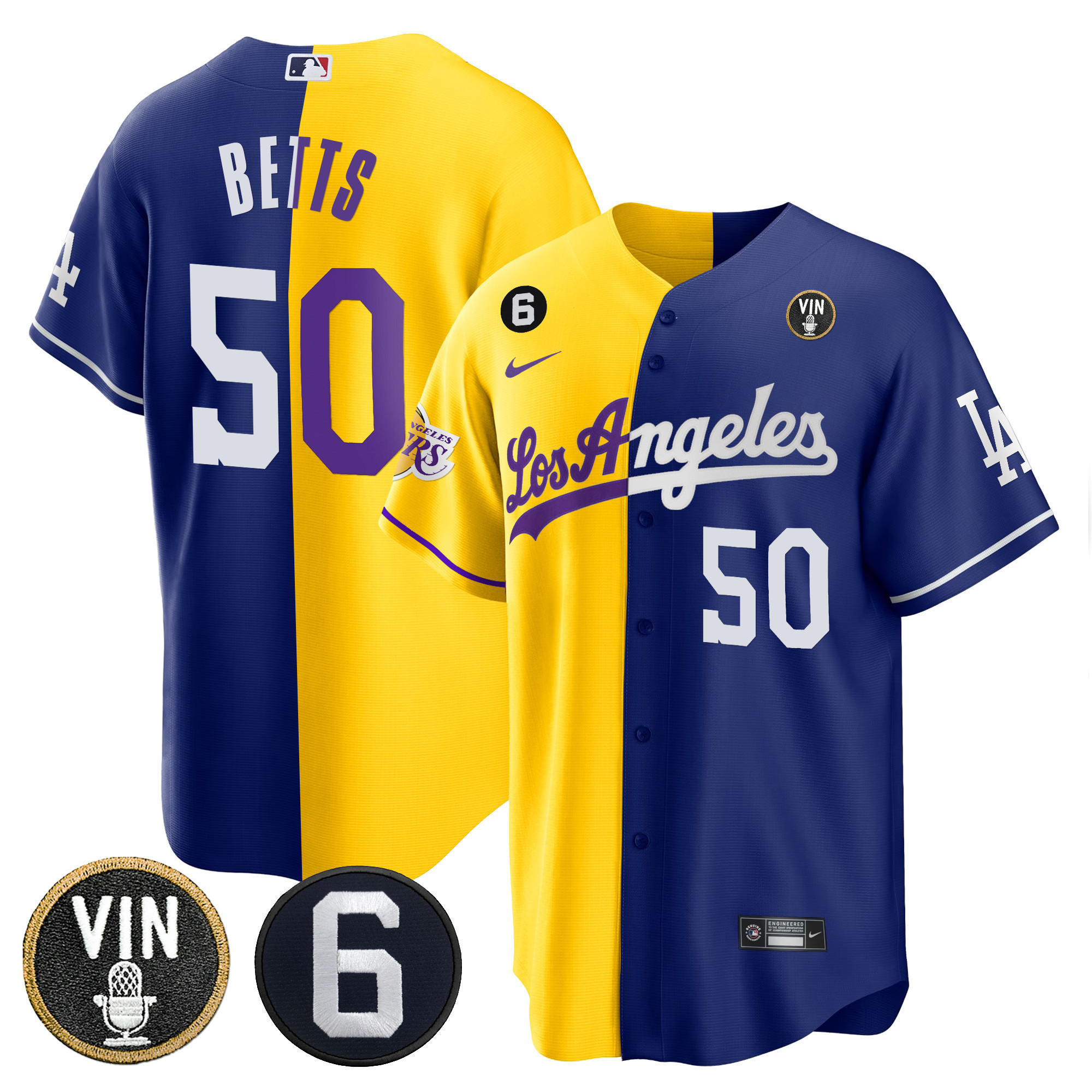 Mookie Betts Men's Split Dodgers - Los Angeles Lakers Cool Base Gold Royal Jersey - All Stitched