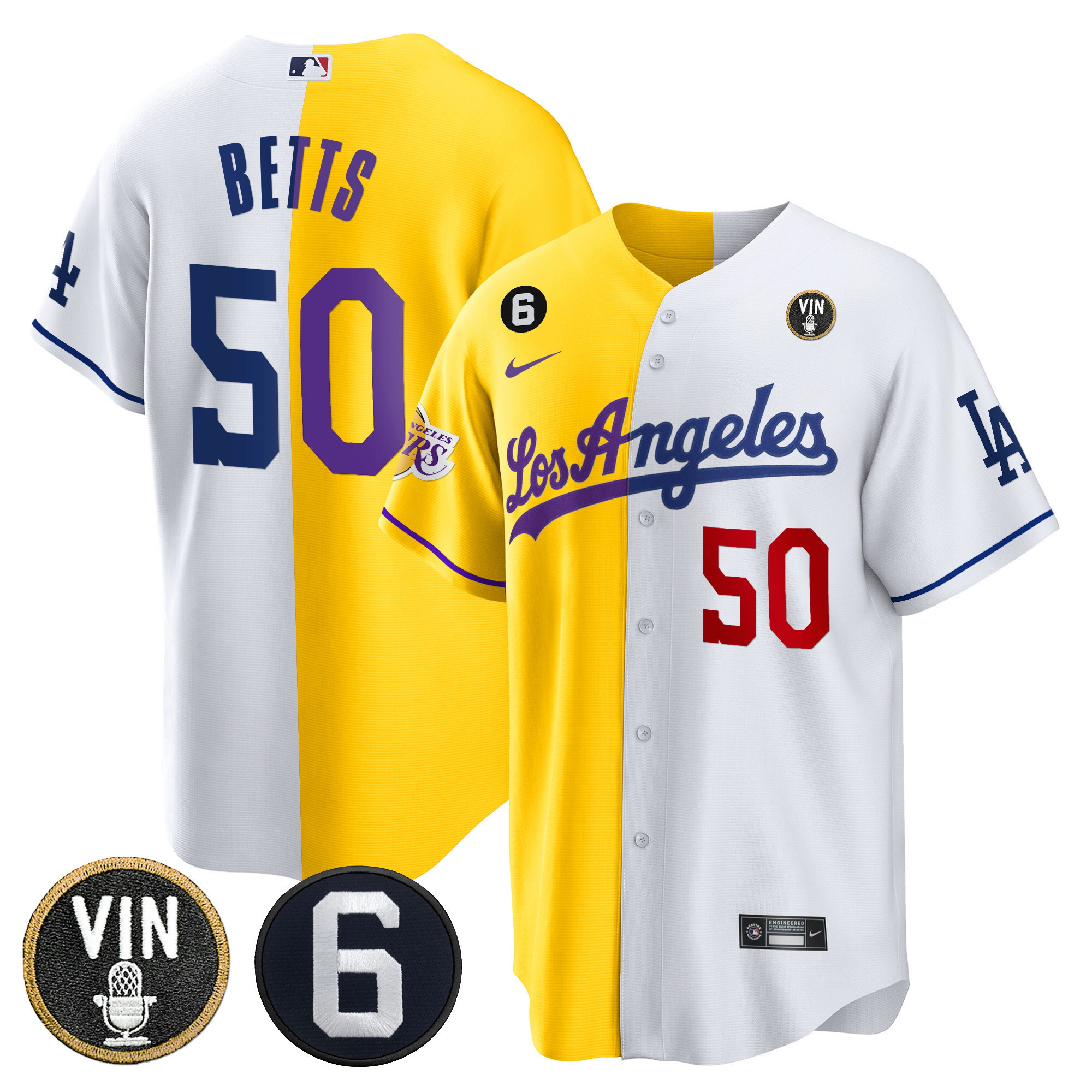 Mookie Betts Men's Split Dodgers - Los Angeles Lakers Cool Base Gold White Jersey - All Stitched