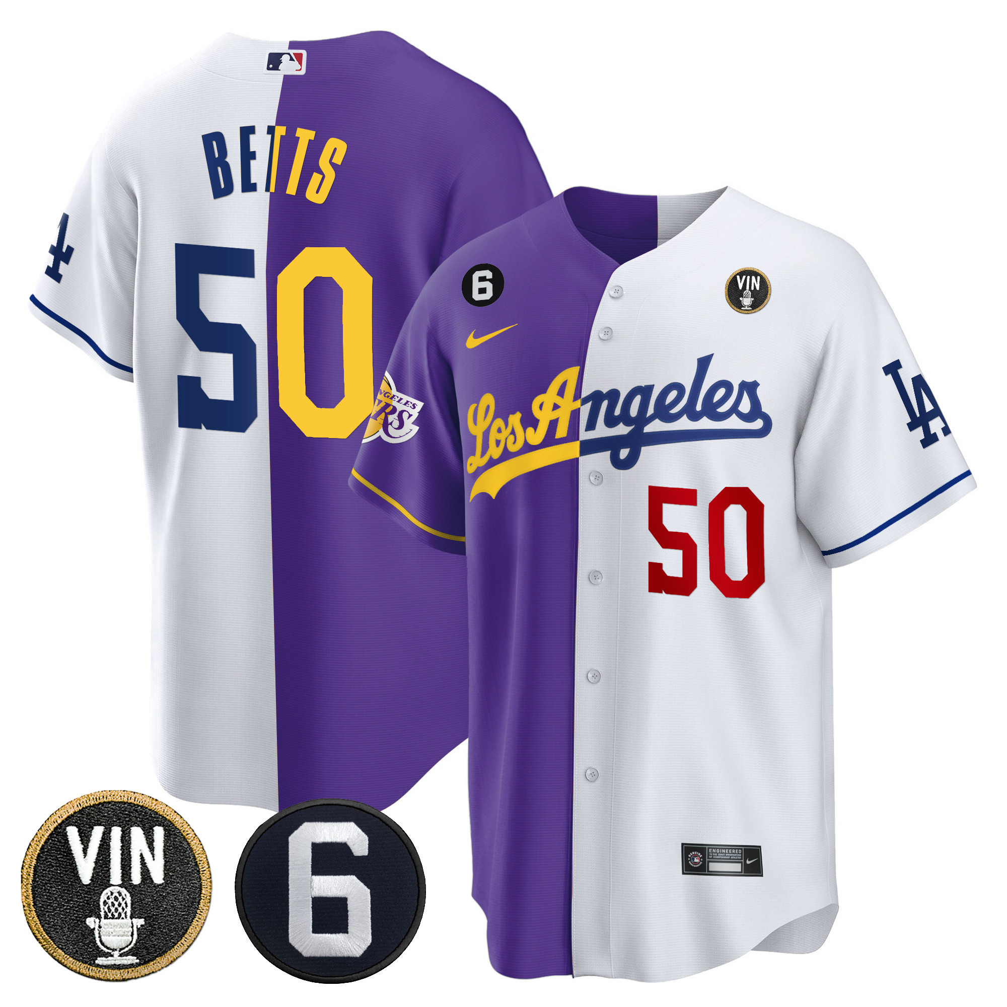 Mookie Betts Men's Split Dodgers - Los Angeles Lakers Cool Base Purple White Jersey - All Stitched