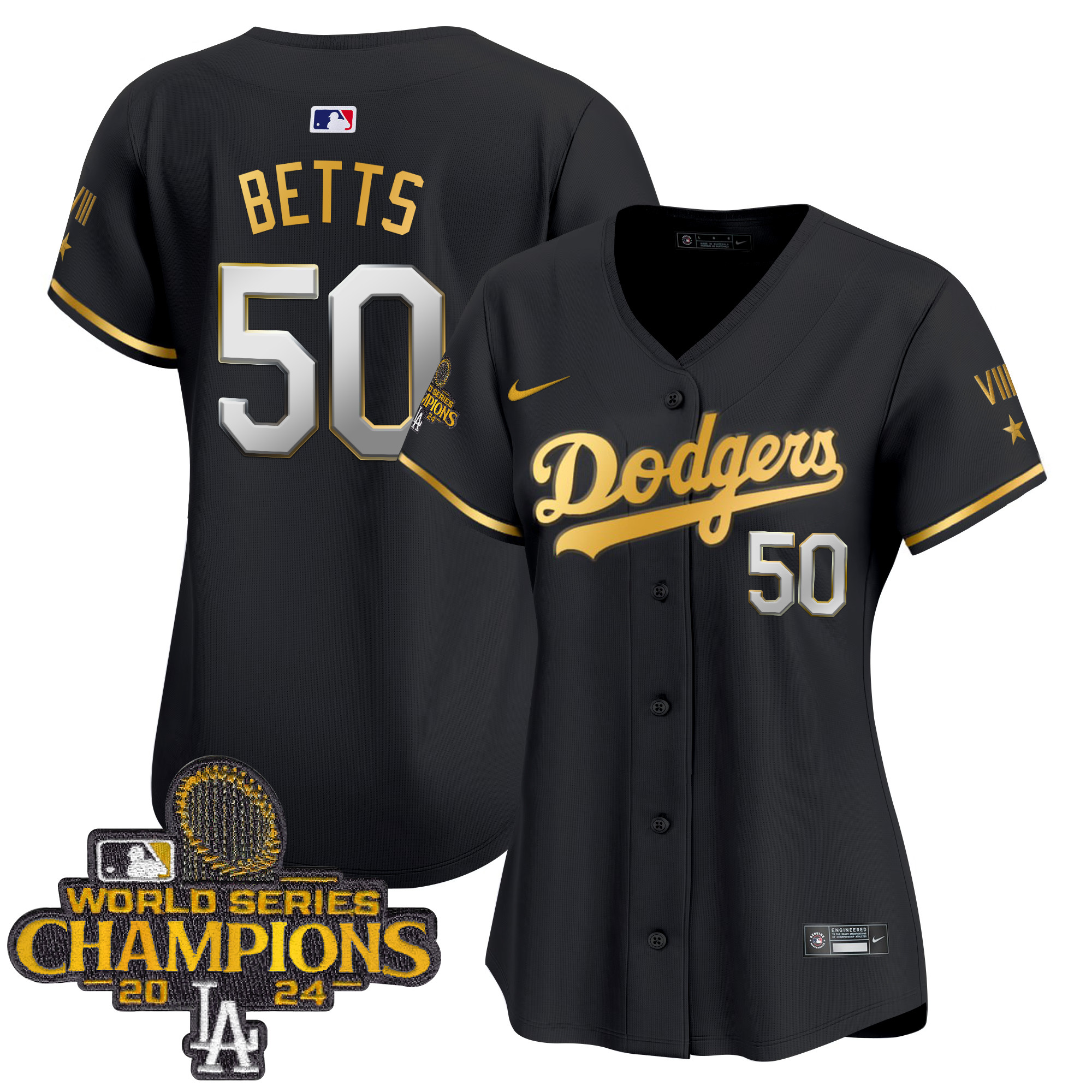 Mookie Betts Women's Los Angeles Dodgers 2024 World Series Champions Gold Trim Vapor Premier Limited Black Gold Jersey - All Stitched