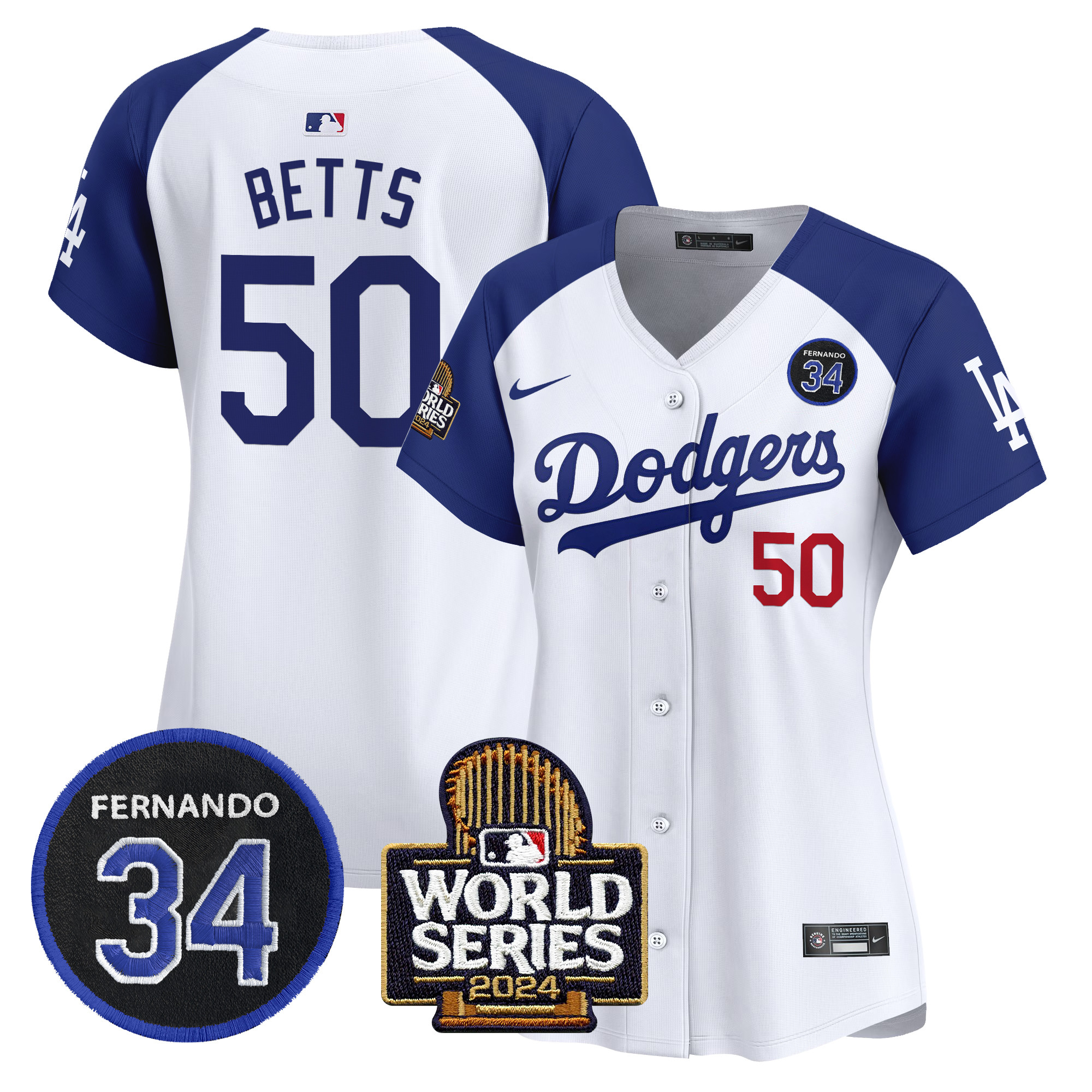 Mookie Betts Women's Los Angeles Dodgers Fernando Valenzuela & 2024 World Series Patch Vapor Premier Limited Alternate White Jersey V2 - All Stitched