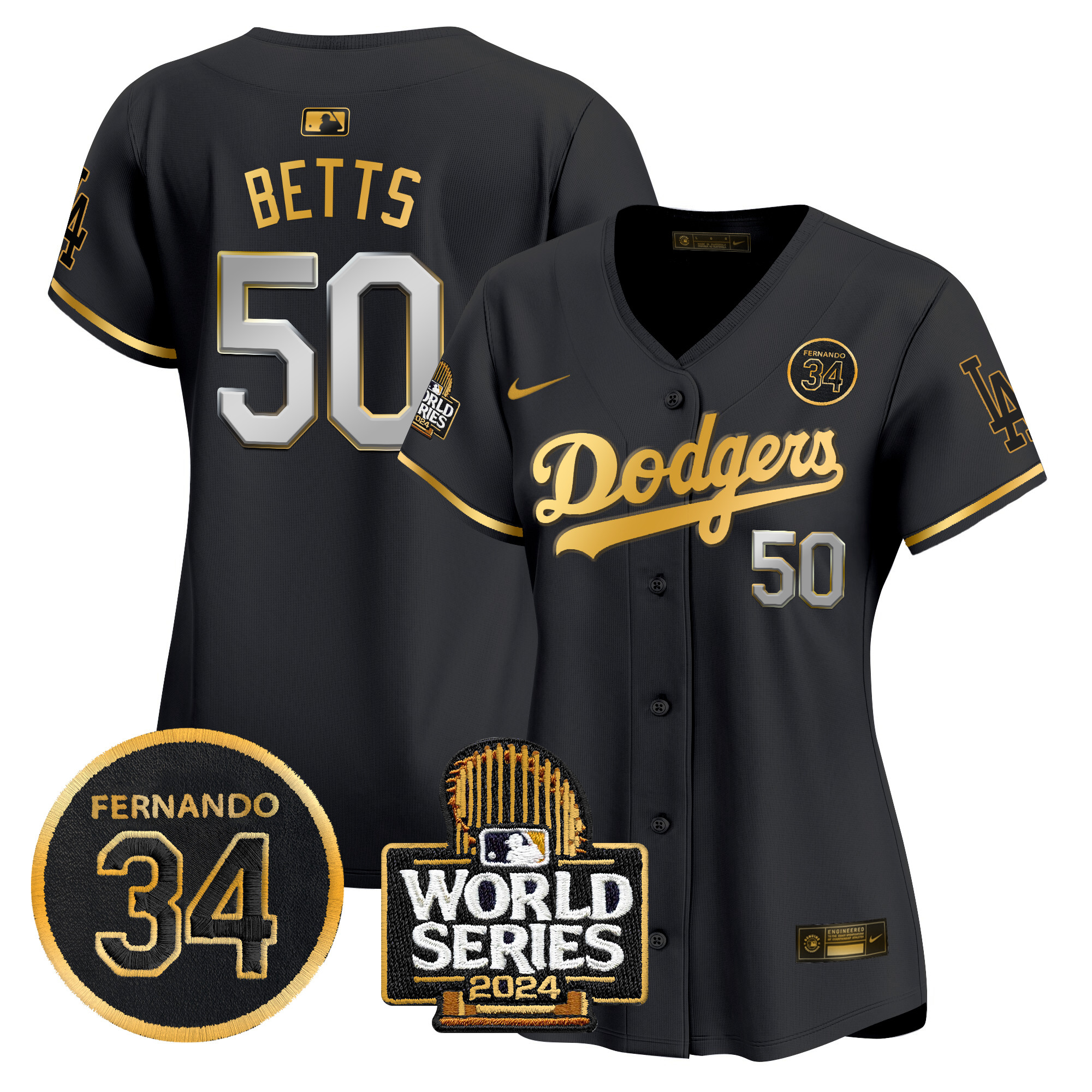 Mookie Betts Women's Los Angeles Dodgers Fernando Valenzuela & 2024 World Series Patch Vapor Premier Limited Black Gold Jersey V2 - All Stitched