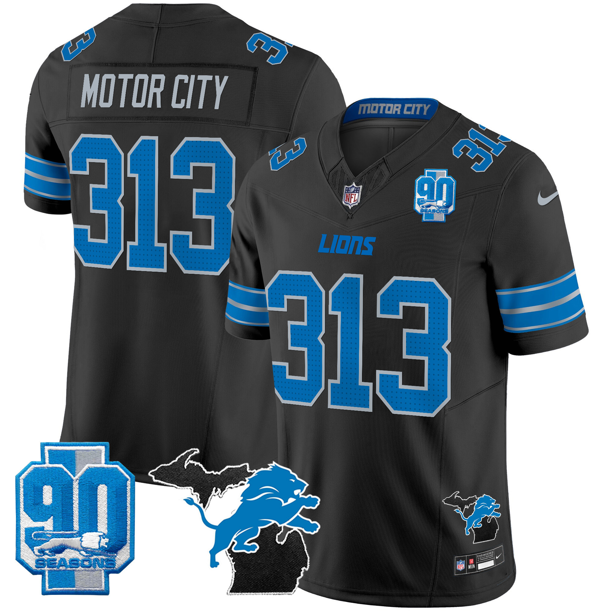 Motor City 313 Men's Detroit Lions 2025 Michigan & 90th Year Patch Vapor Black Jersey - All Stitched