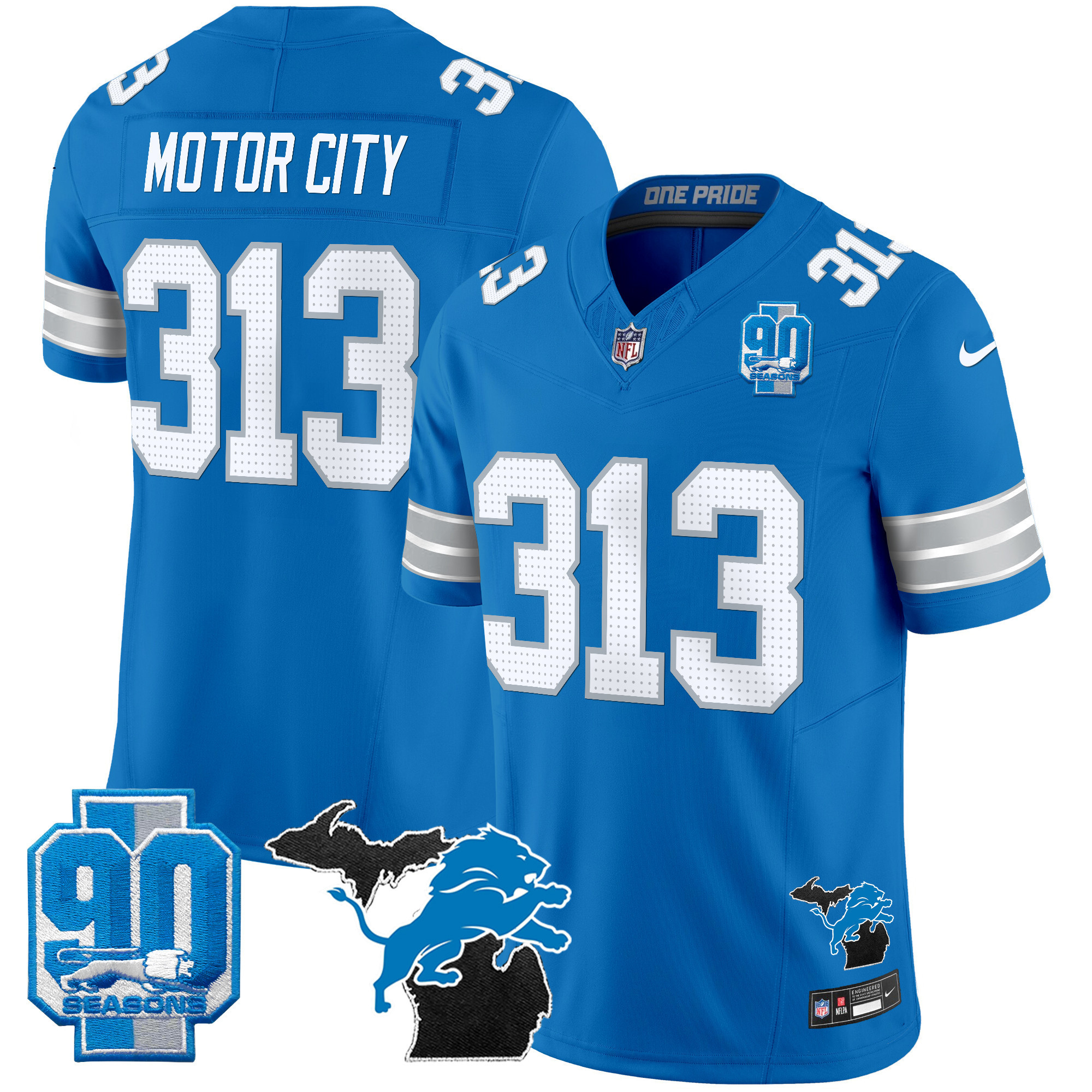 Motor City 313 Men's Detroit Lions 2025 Michigan & 90th Year Patch Vapor Blue Jersey - All Stitched