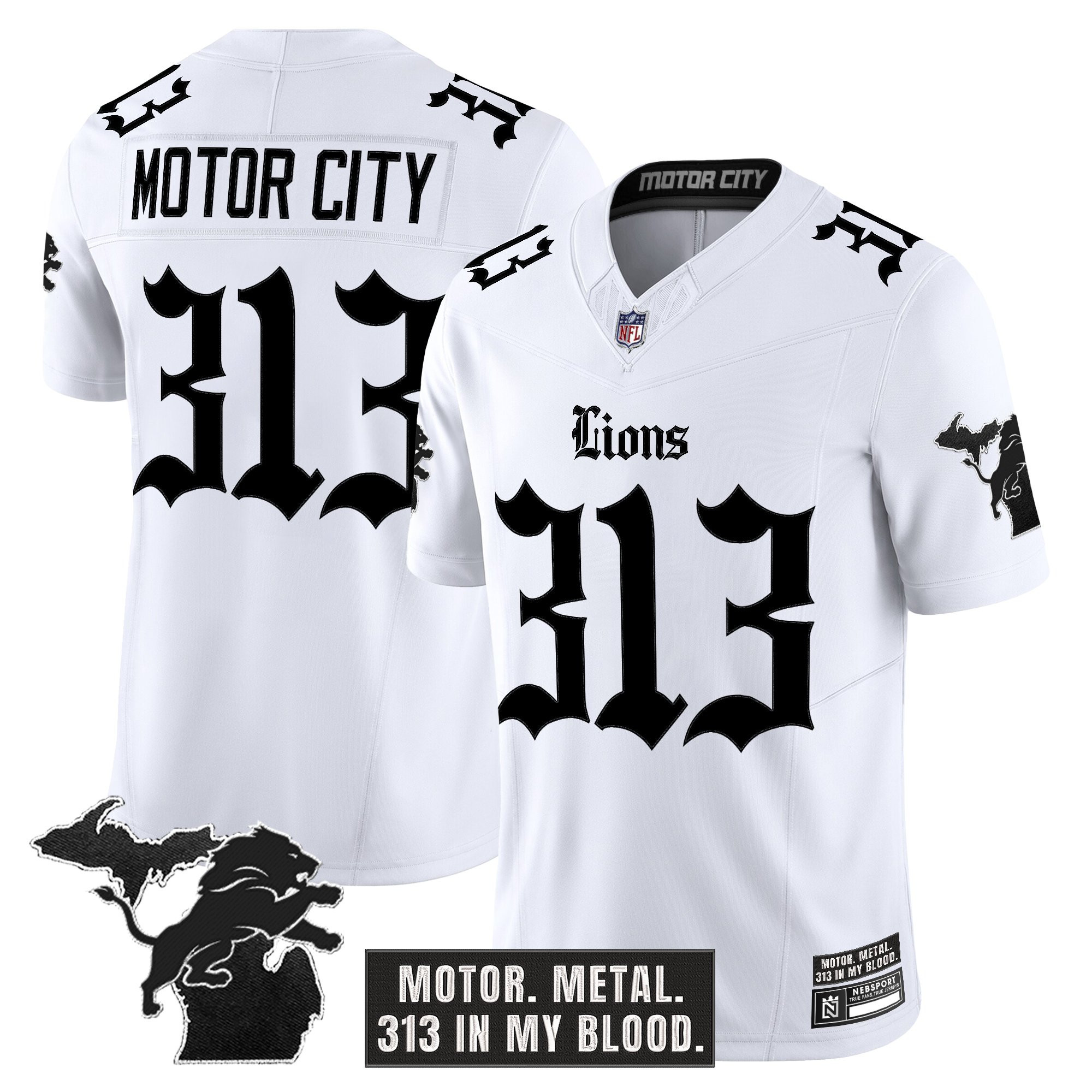 Motor City 313 Men's Detroit Lions Gothic Motor Grit Edition Vapor Limited White Jersey - All Stitched