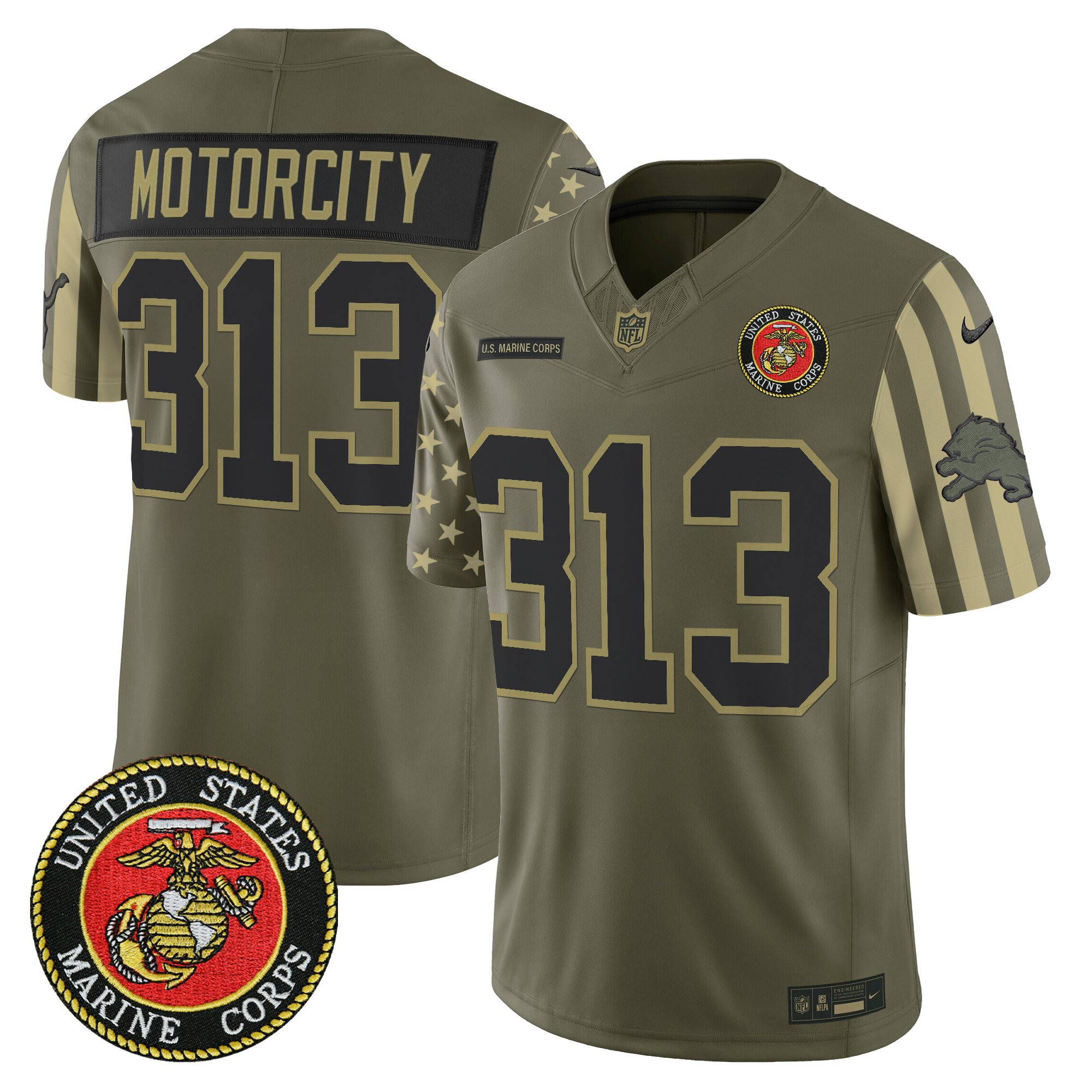 Motor City 313 Men's Detroit Lions x U.S. Military Veteran Vapor Limited Marines Jersey - All Stitched