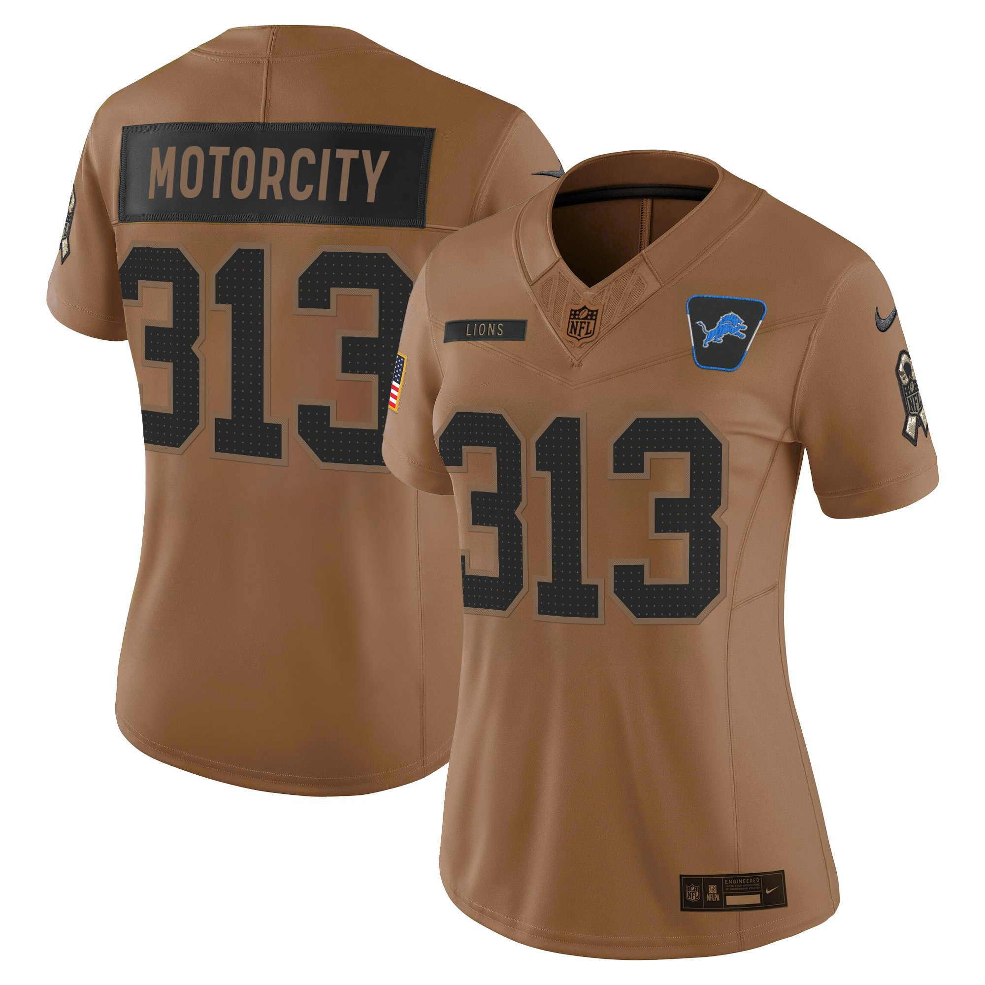 Motor City 313 Women's Detroit Lions 2025 Salute to Service Vapor Limited Brown Jersey - All Stitched