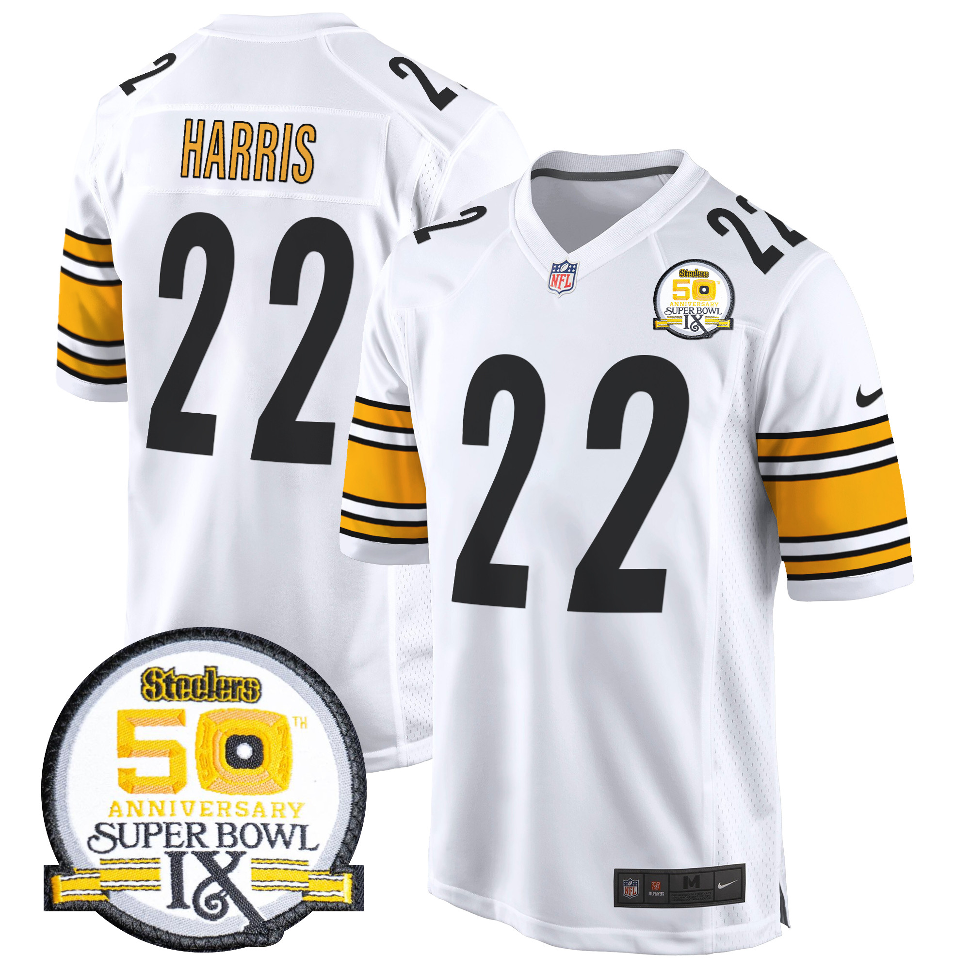 Najee Harris Men's Pittsburgh Steelers 50th Anniversary Of Super Bowl IX Patch Game White Jersey - All Stitched