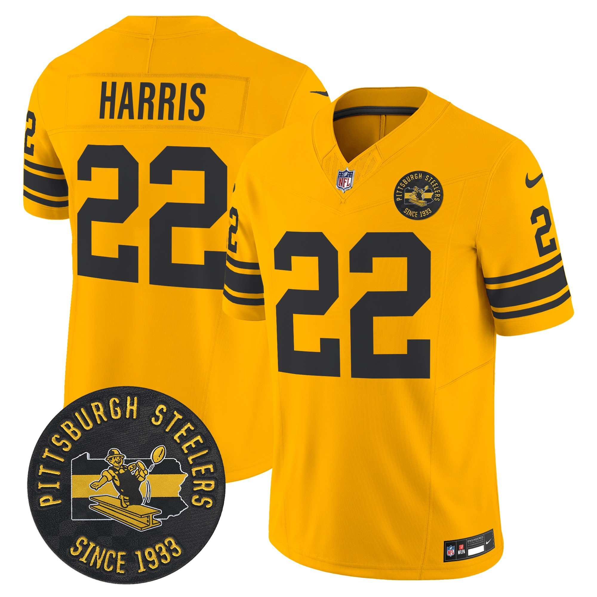Najee Harris Men's Pittsburgh Steelers Throwback 1962 Vapor Limited Gold Jersey - Est. 1933 Patch - All Stitched