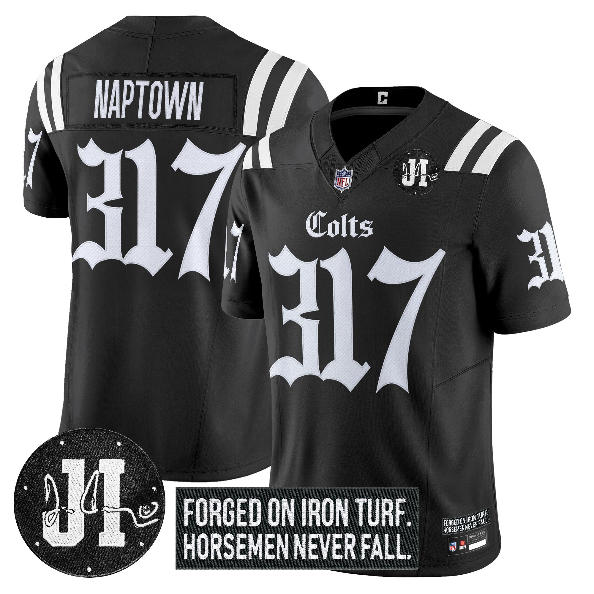 Naptown 317 Men's Indianapolis Colts 2025 Gothic Iron Hoof Edition Vapor Limited Black Jersey - Jim Irsay Patch - All Stitched
