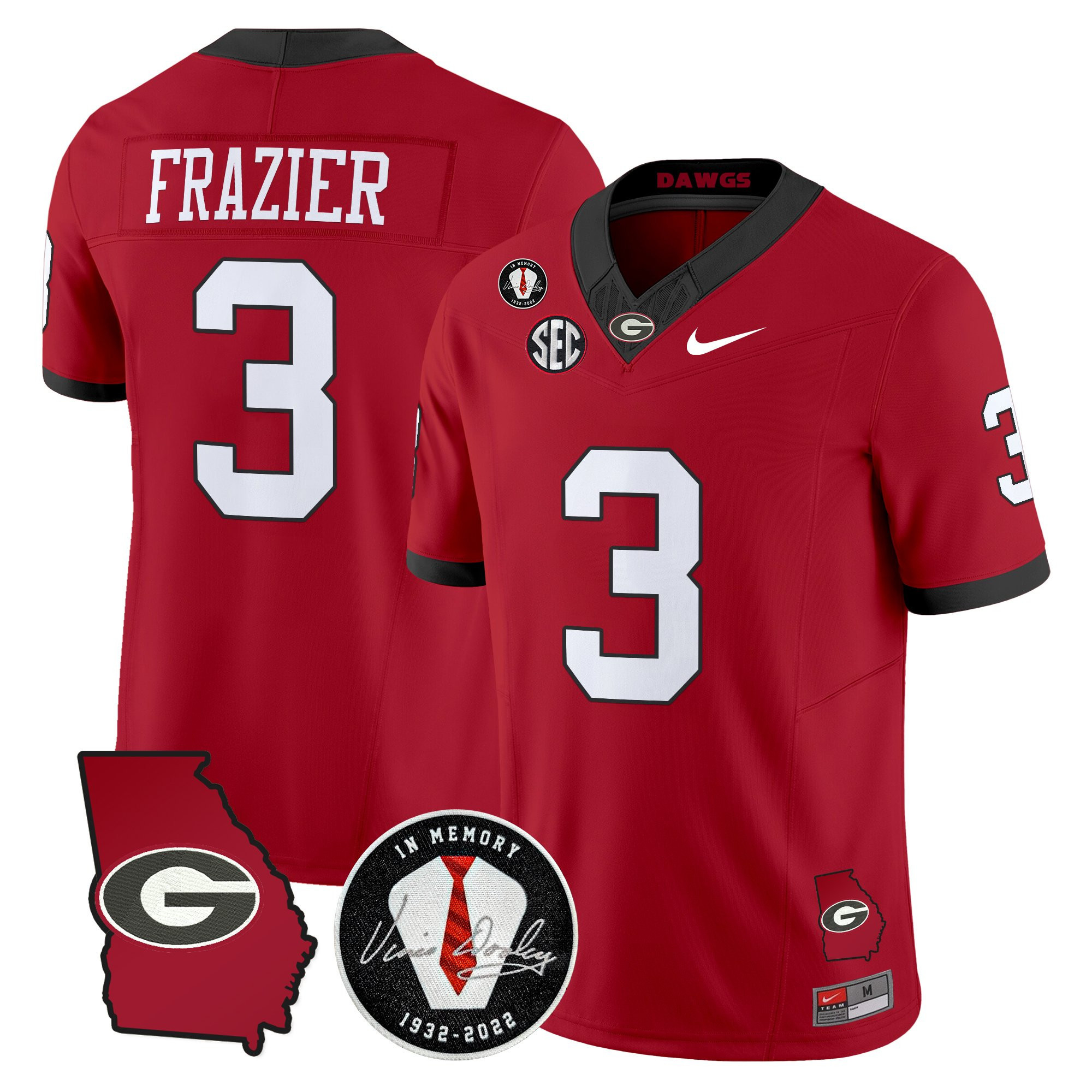 Nate Frazier Men's Georgia Bulldogs 2025 Georgia Map & Vince Dooley Patch Vapor Limited Red Jersey - All Stitched