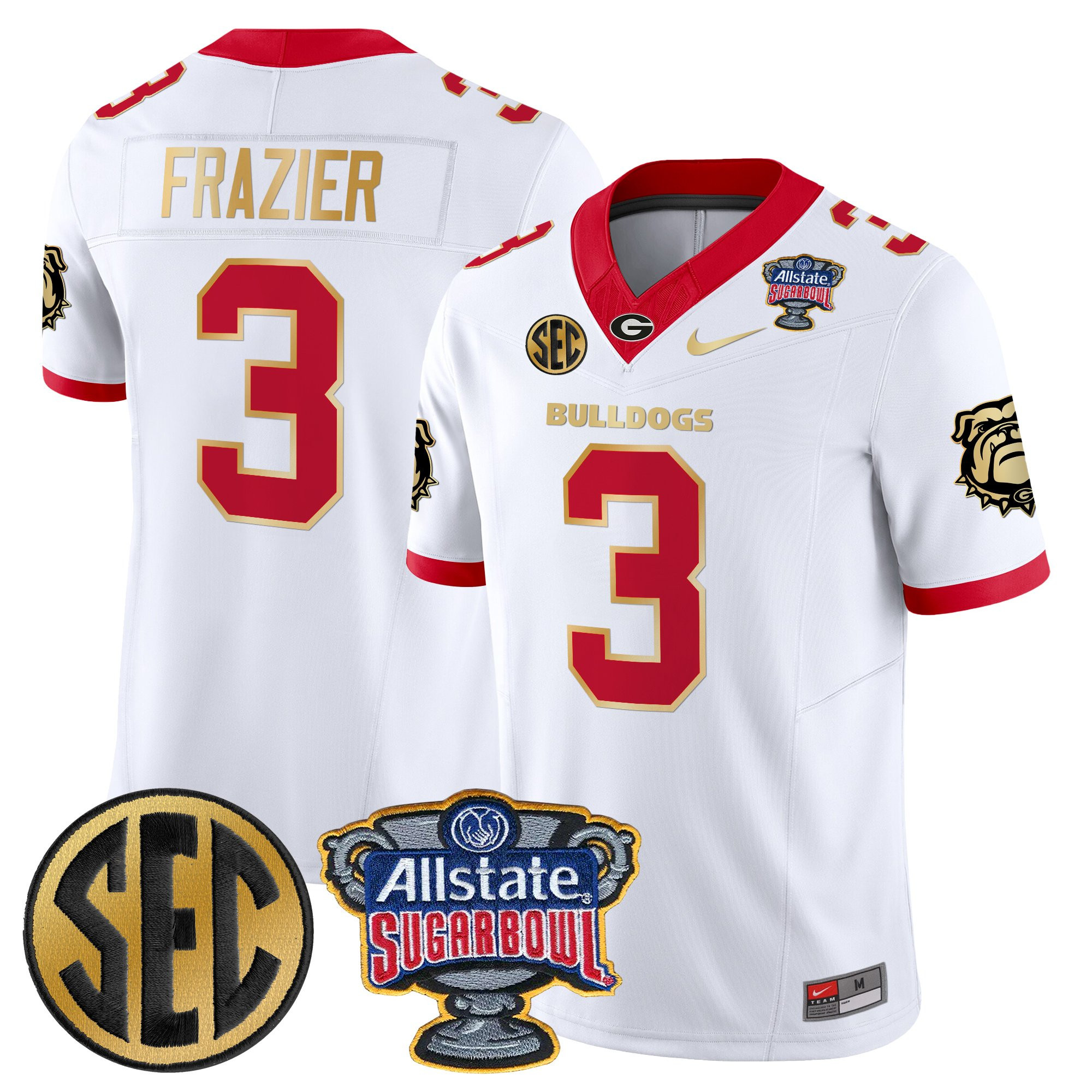 Nate Frazier Men's Georgia Bulldogs Sugar Bowl Patch Vapor Limited White Gold Trim Jersey - All Stitched