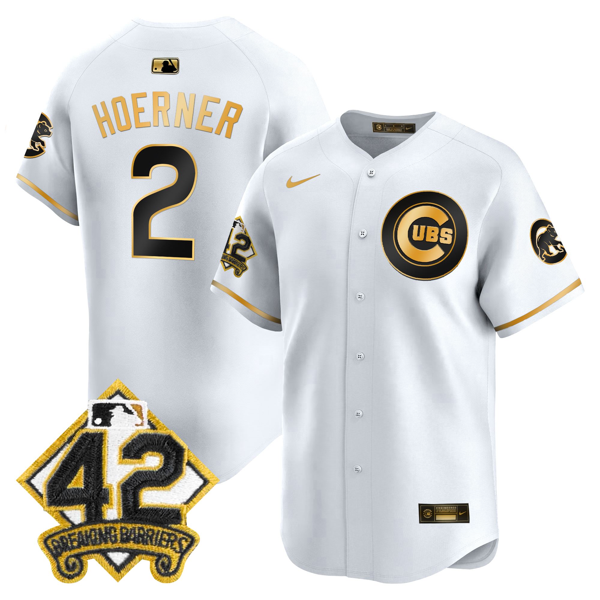 Nico Hoerner Men's Chicago Cubs 2025 Jackie Robinson Patch Vapor Premier Limited White Gold Jersey - All Stitched