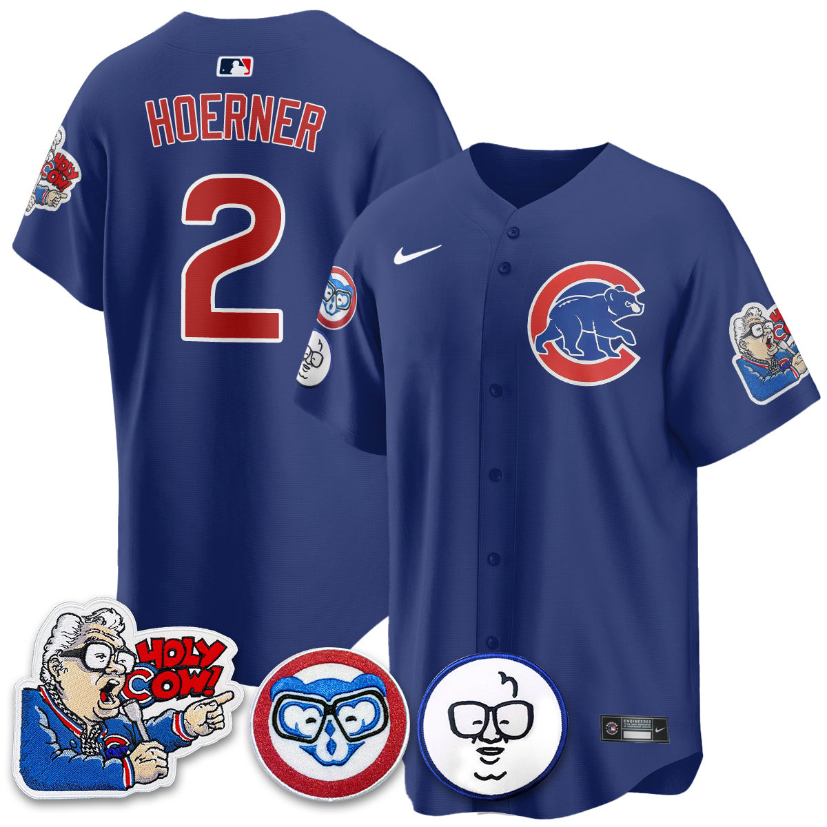 Nico Hoerner Men's Chicago Cubs Harry Caray Holy Cow Patch Premier Limited Royal Jersey - All Stitched