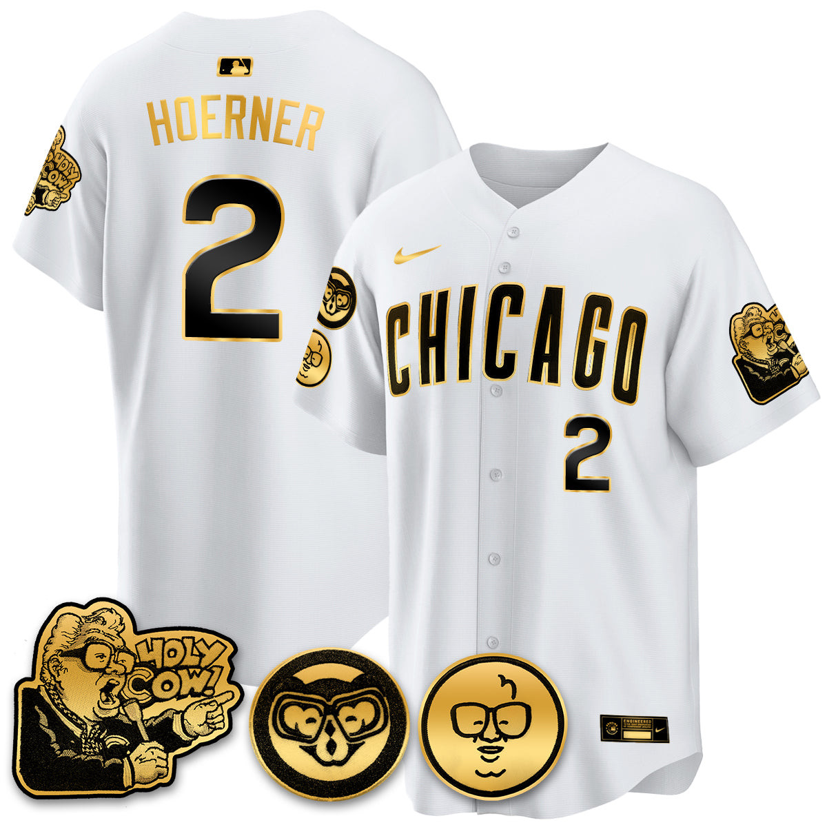 Nico Hoerner Men's Chicago Cubs Harry Caray Holy Cow Patch Premier Limited White Gold Jersey - All Stitched