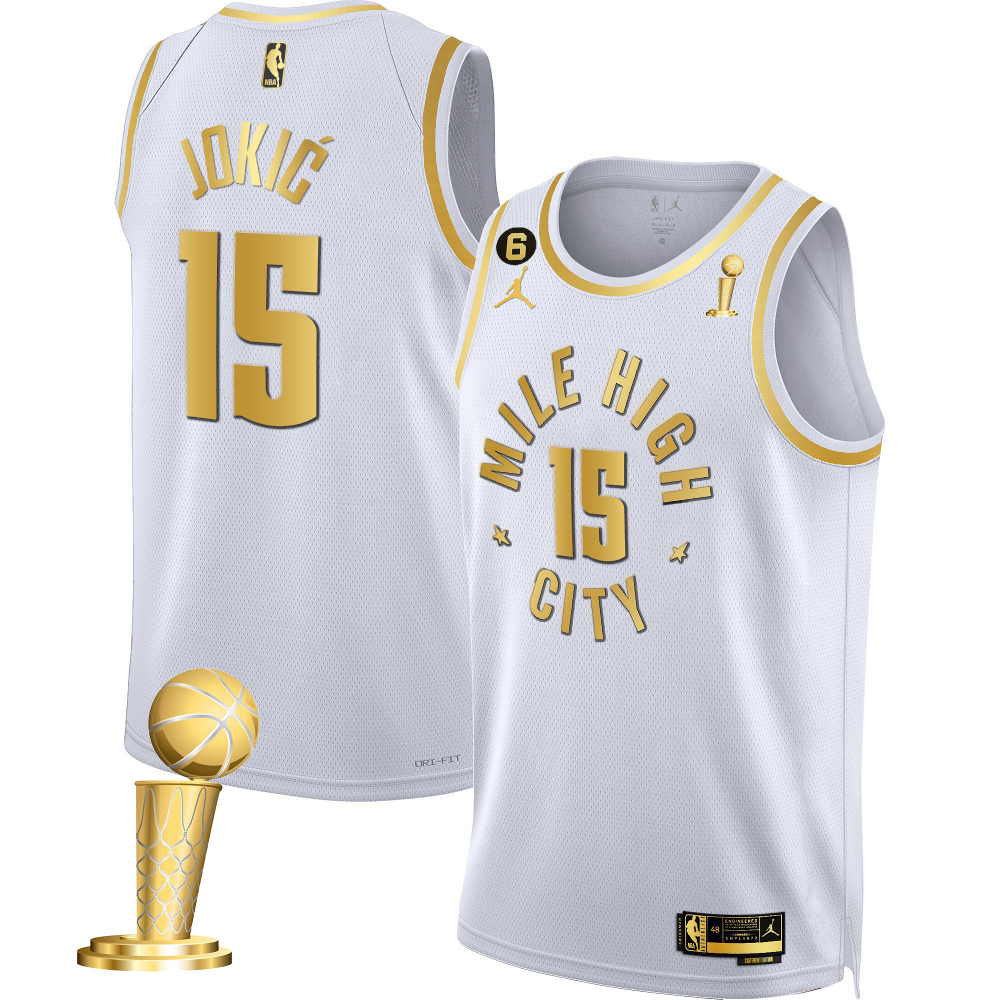 Nikola Jokic Men's Denver Nuggets 2023 Champions Black & White Gold Statement White Jersey - All Stitched