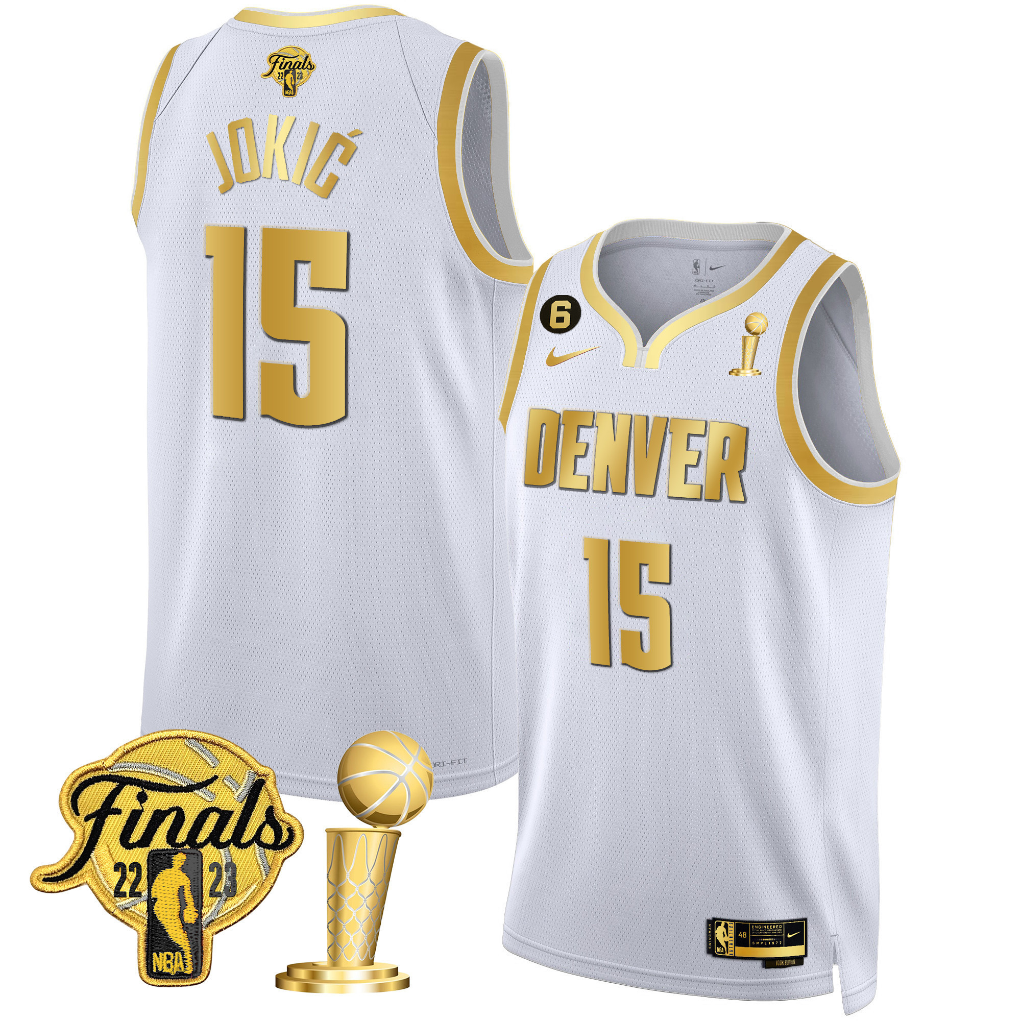 Nikola Jokic Men's Denver Nuggets 2023 Finals & Champions Black & White Gold White Gold Jersey - All Stitched