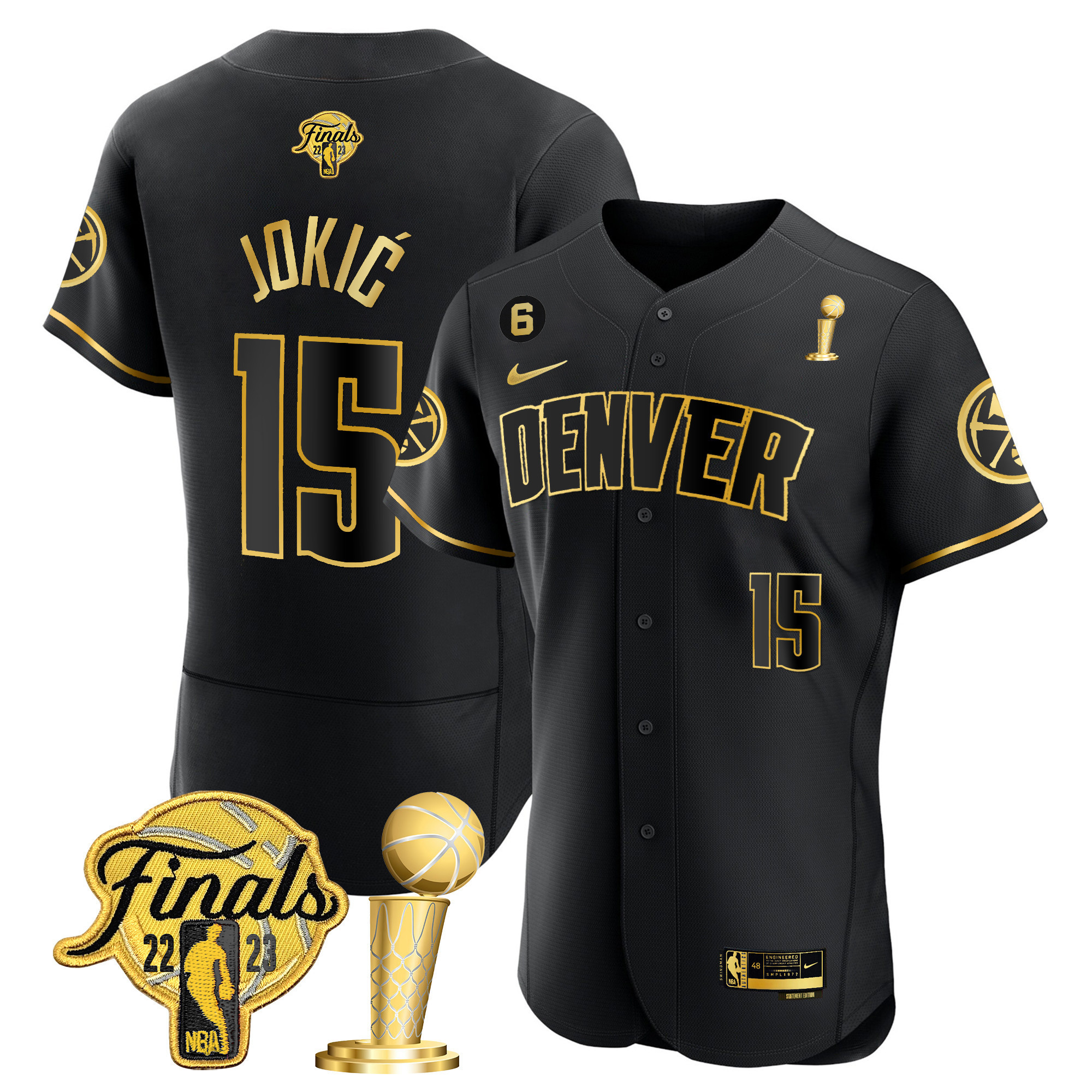 Nikola Jokic Men's Denver Nuggets 2023 Finals & Champions Flex Base Black Gold Jersey - All Stitched