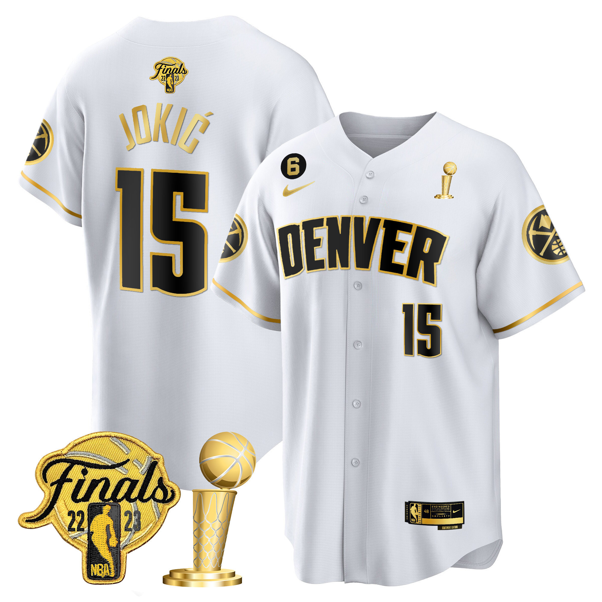 Nikola Jokic Men's Denver Nuggets 2023 Finals & Champions Patch Cool Base White Gold Jersey - All Stitched