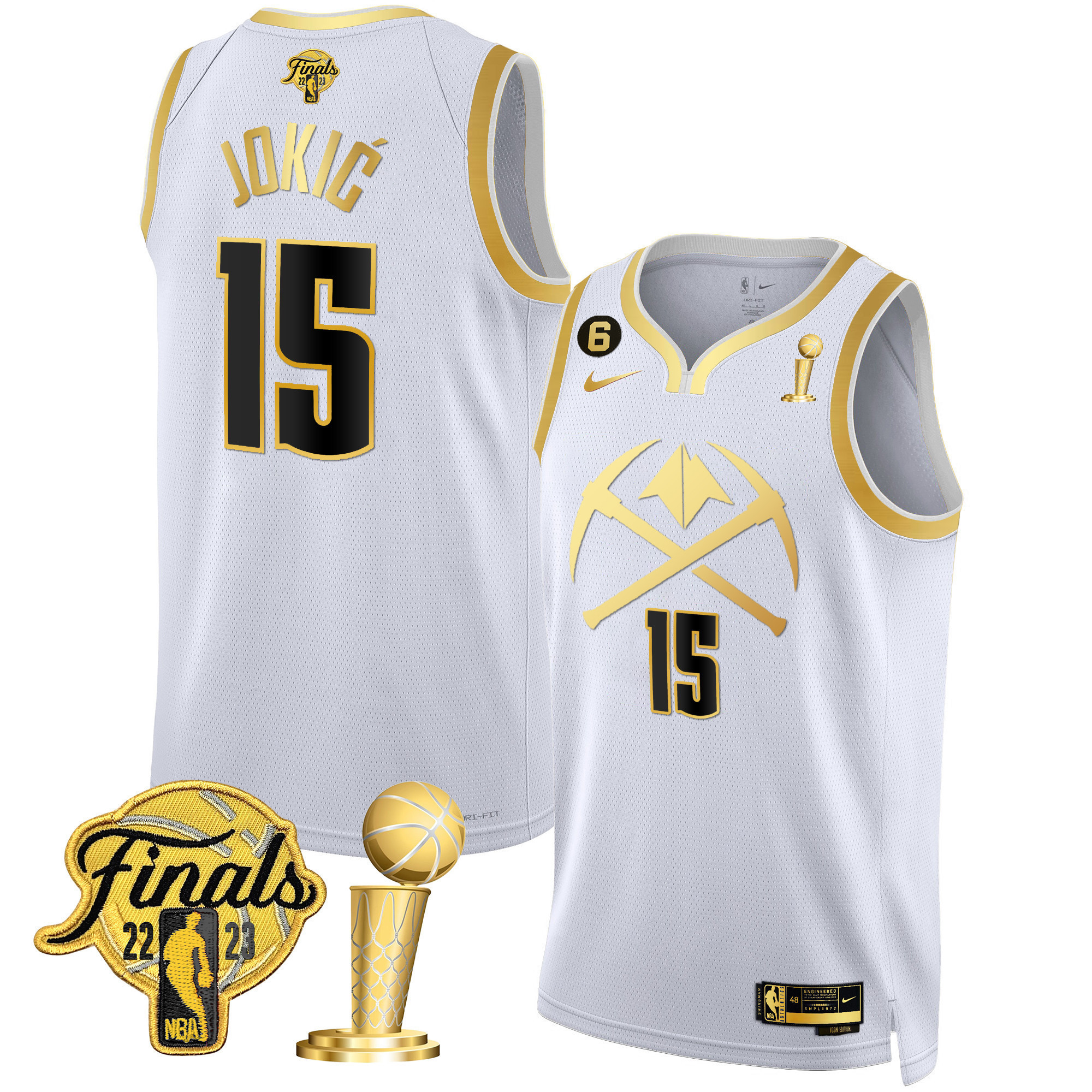 Nikola Jokic Men's Denver Nuggets 2023 Finals & Champions Patch Gold Special White Gold Jersey V2 - All Stitched