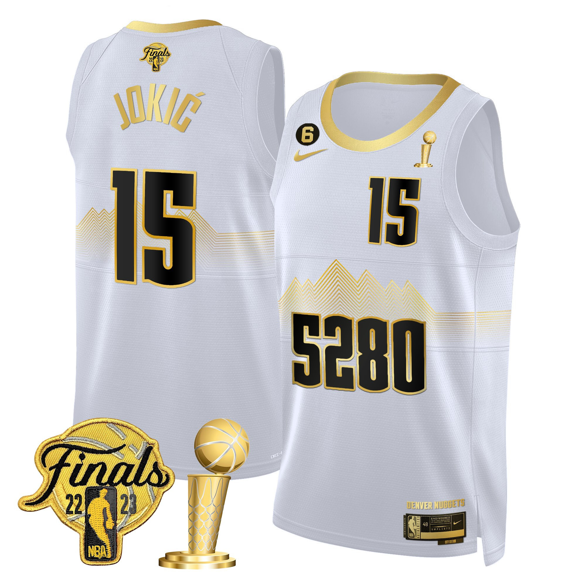 Nikola Jokic Men's Denver Nuggets 2023 Finals & Champions Patch White Gold Jersey V2- All Stitched