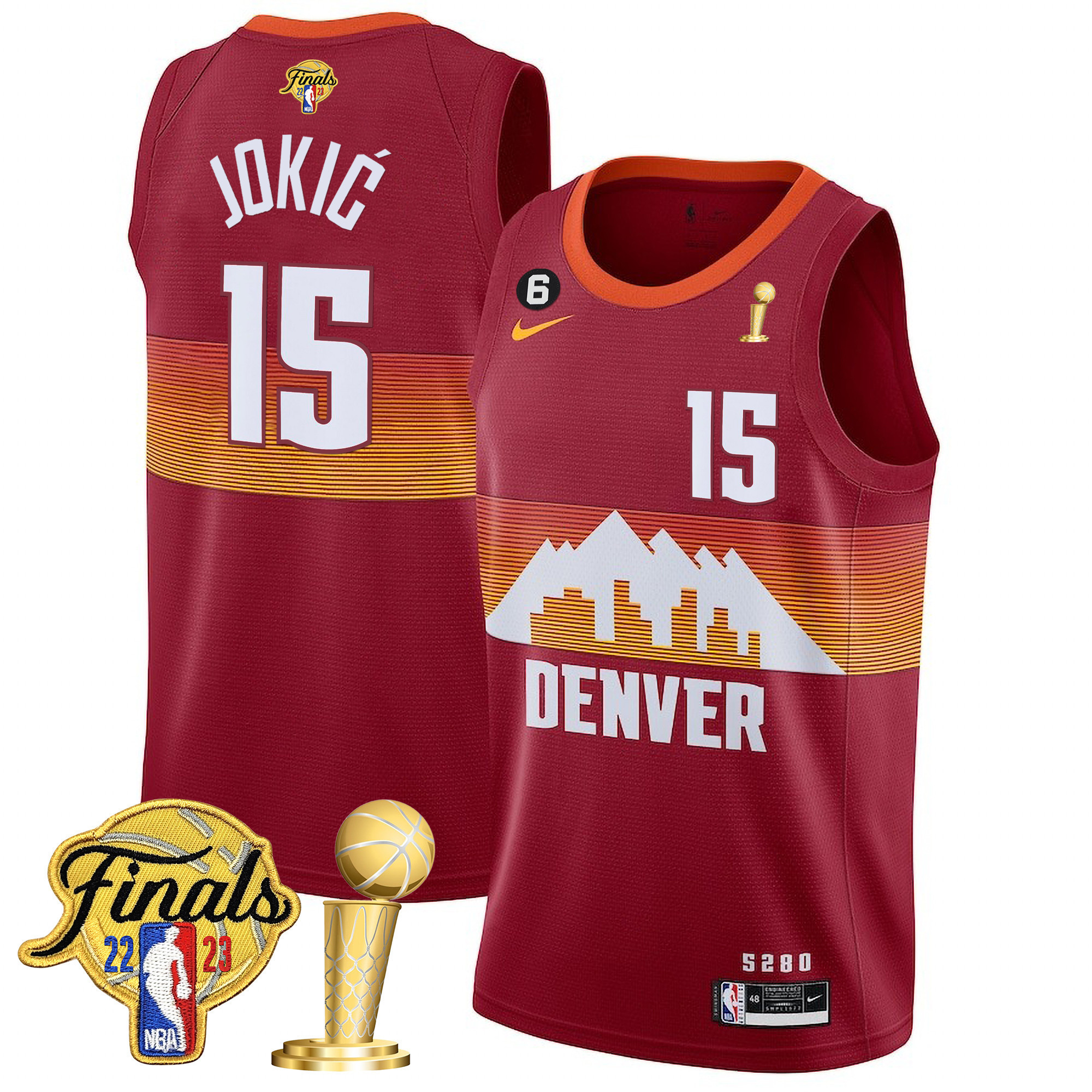 Nikola Jokic Men's Denver Nuggets 2023 Finals Patch & Champions Collection City Red Jersey V2 - All Stitched