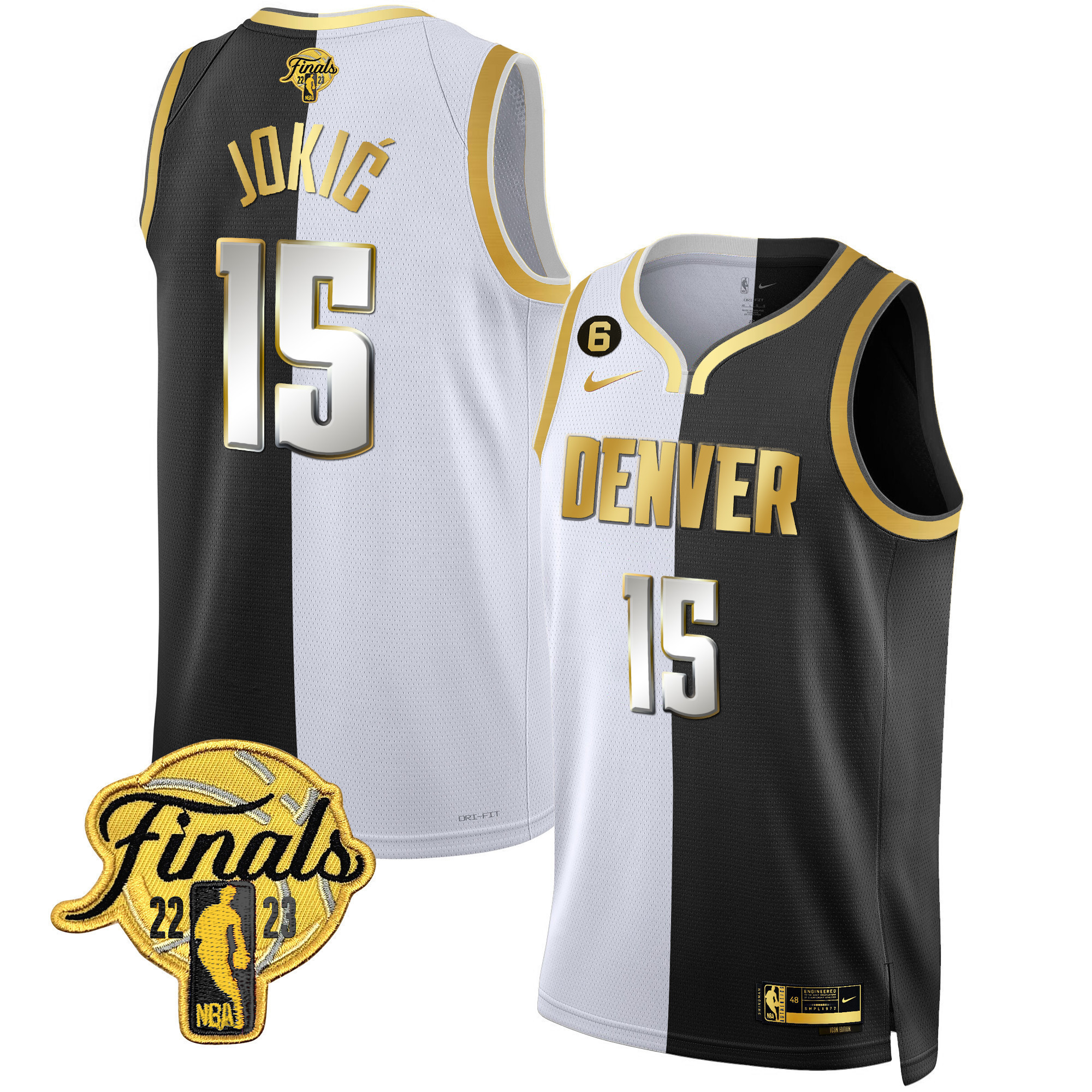 Nikola Jokic Men's Denver Nuggets 2023 Finals Patch Black & White Gold Split Limited Jersey - All Stitched