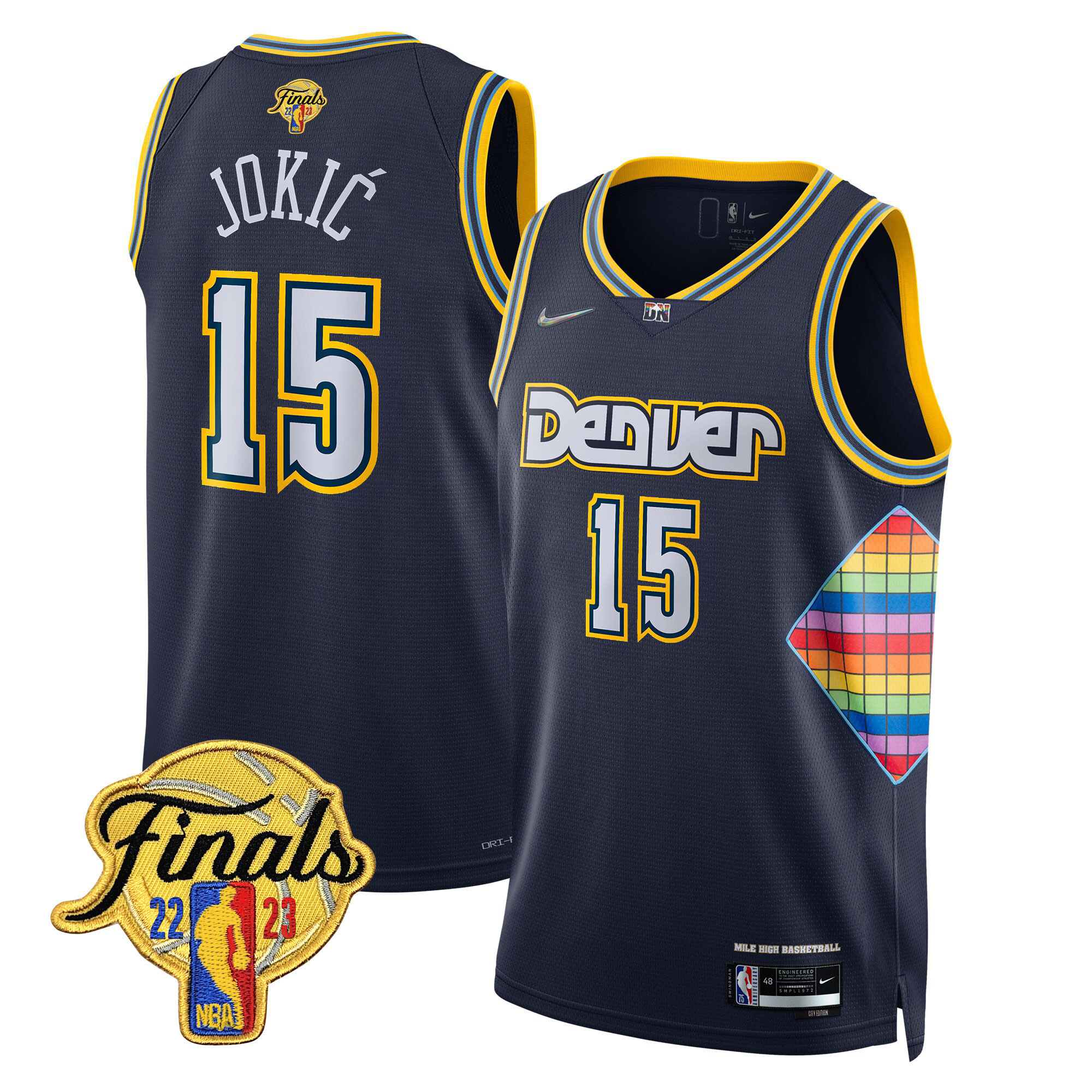 Nikola Jokic Men's Denver Nuggets 2023 Finals Patch Collection City Navy Jersey V2 - All Stitched