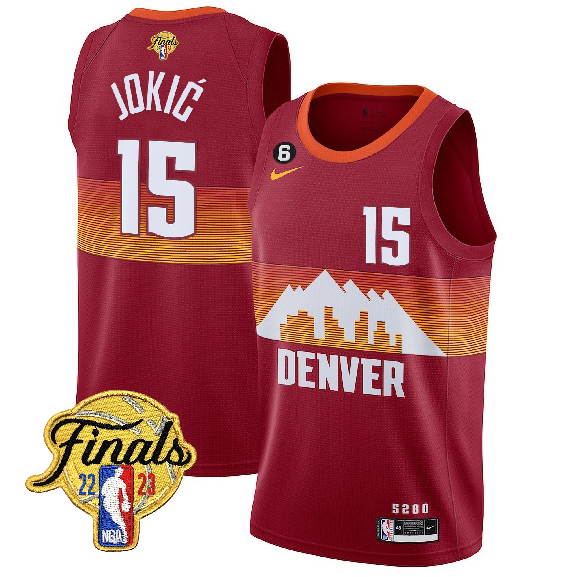 Nikola Jokic Men's Denver Nuggets 2023 Finals Patch Collection City Red Jersey V2 - All Stitched