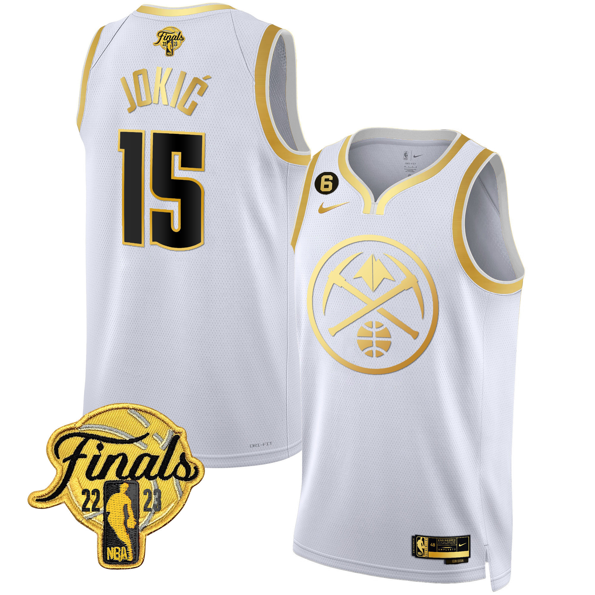 Nikola Jokic Men's Denver Nuggets 2023 Finals Patch Gold Special White Gold Jersey - All Stitched
