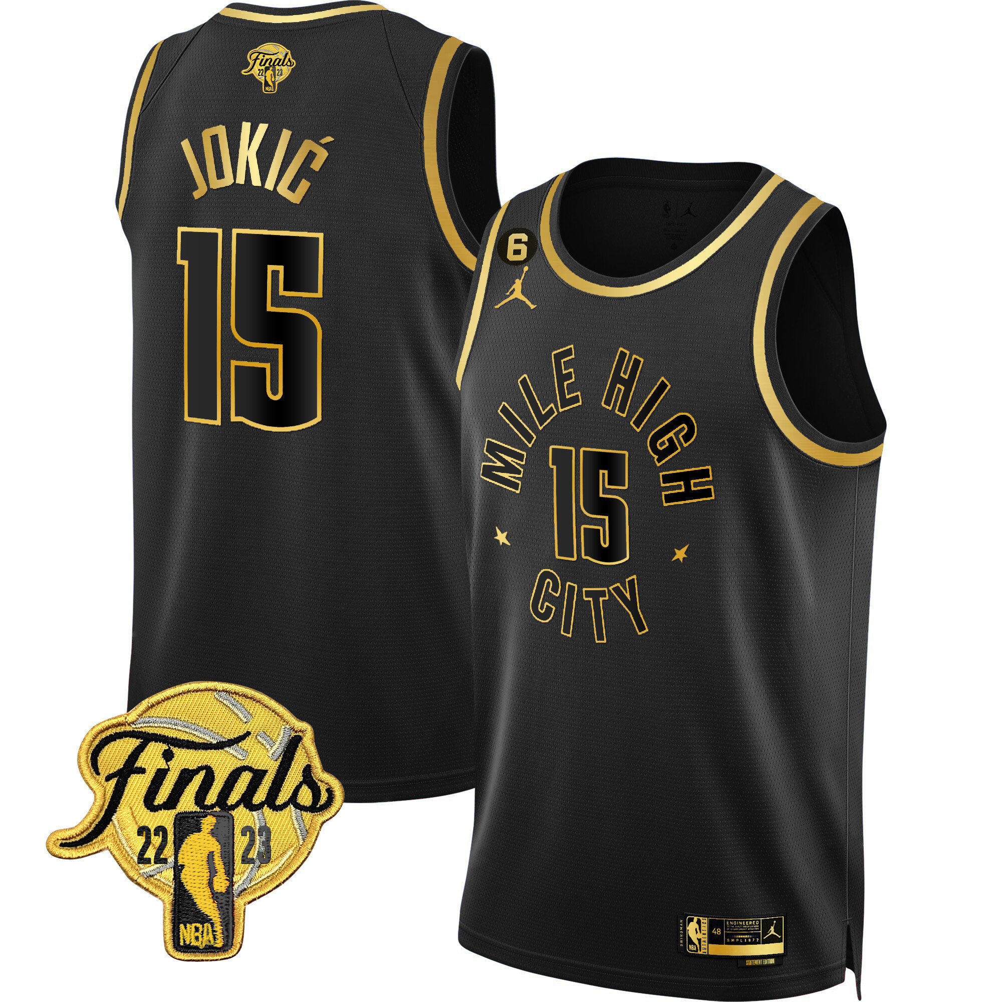 Nikola Jokic Men's Denver Nuggets 2023 Finals Patch Gold Statement Black Jersey - All Stitched