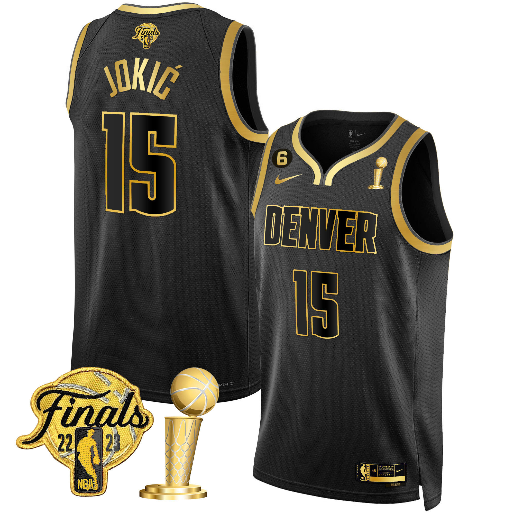 Nikola Jokic Youth's Denver Nuggets 2023 Finals & Champions Patch Black Gold Jersey - All Stitched