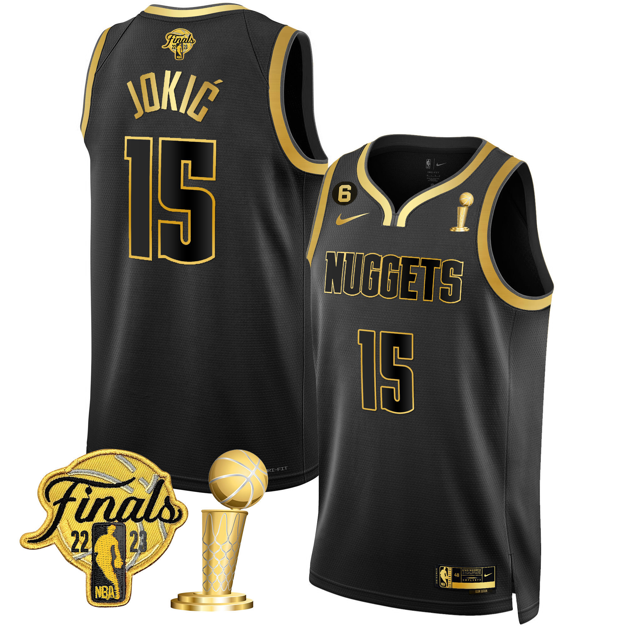 Nikola Jokic Youth's Denver Nuggets 2023 Finals & Champions Patch Gold Black Gold Jersey - All Stitched