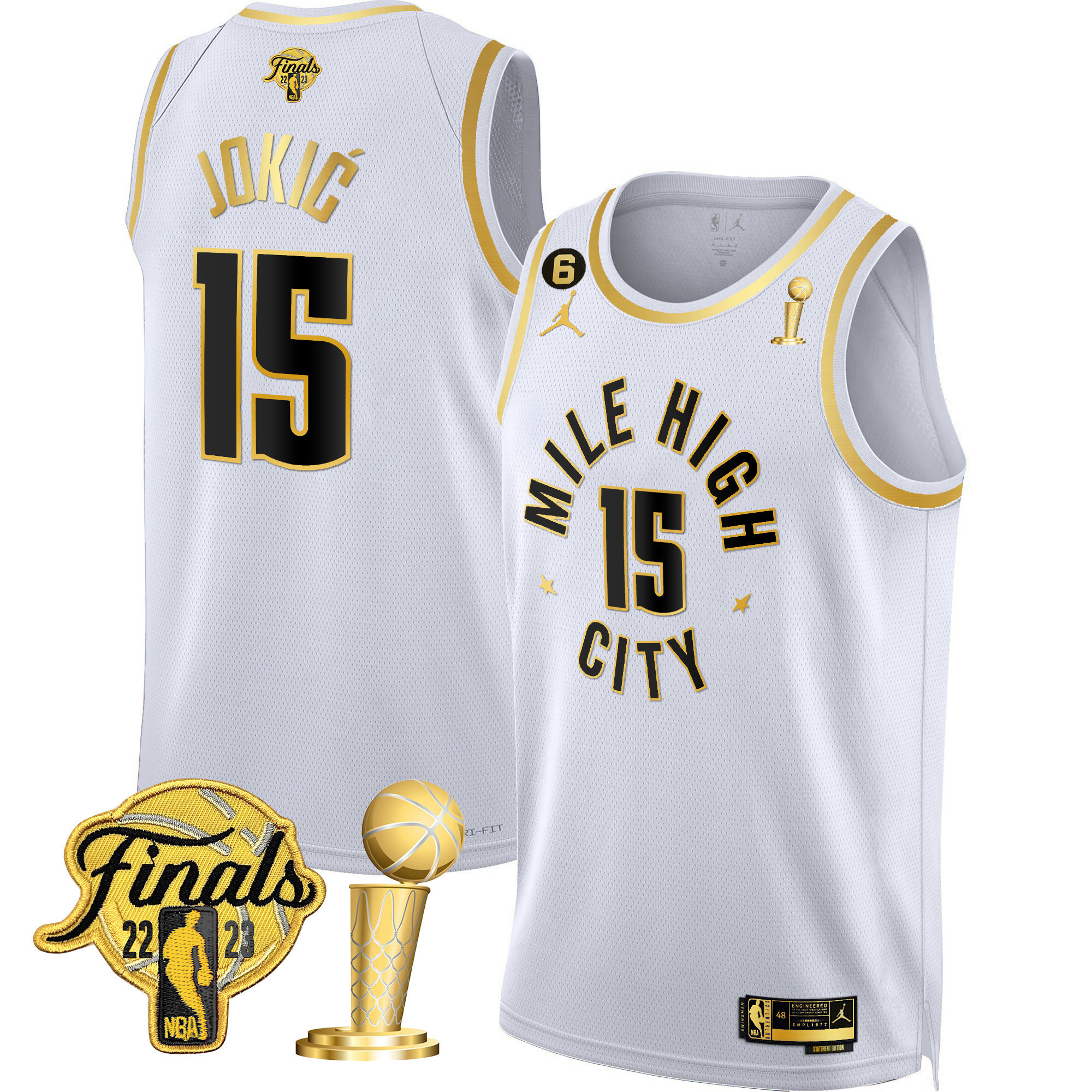 Nikola Jokic Youth's Denver Nuggets 2023 Finals & Champions Patch Gold Statement White Jersey - All Stitched