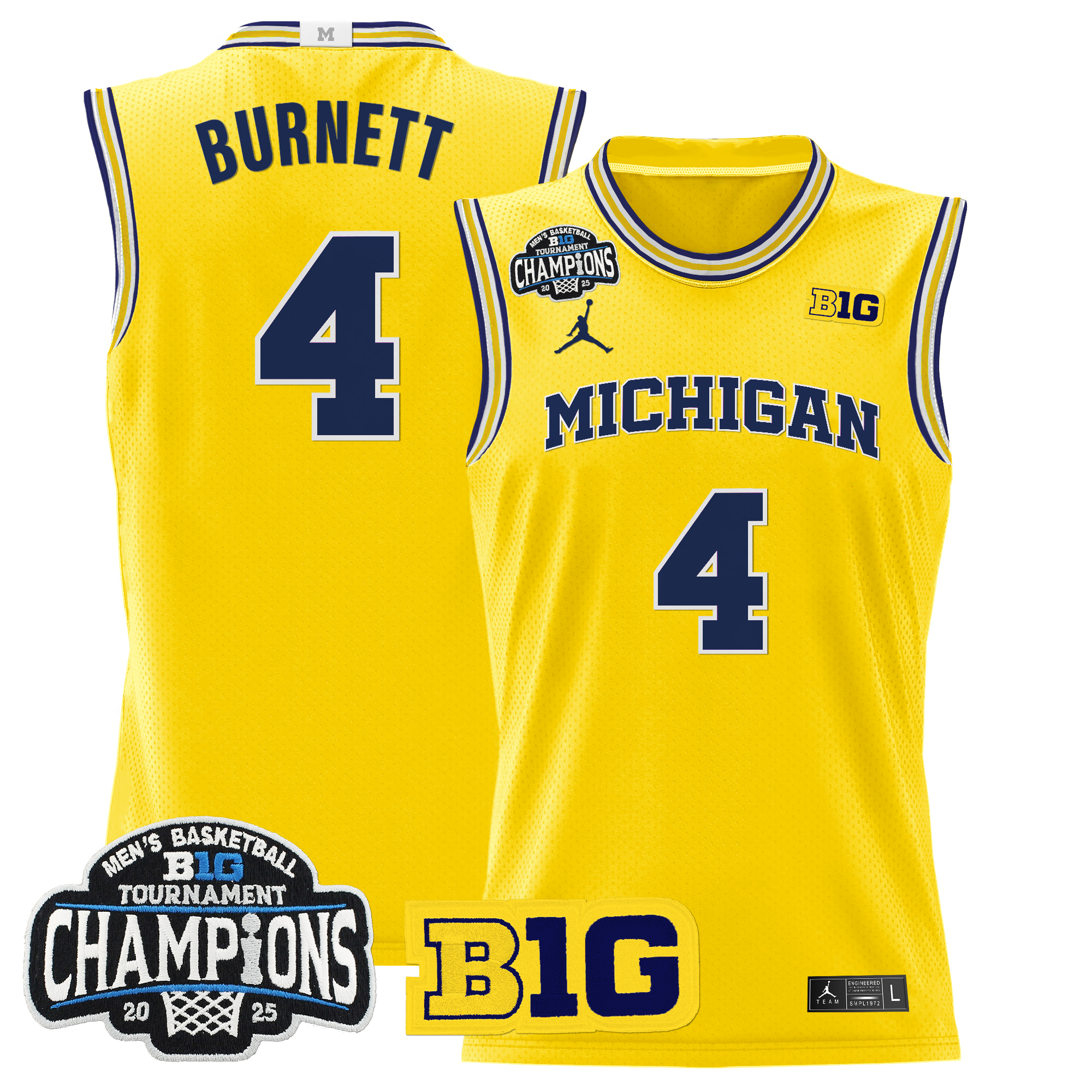 Nimari Burnett Men's Michigan Wolverines 2025 Big Ten Conference Tournament Champions Basketball Maize Jersey - All Stitched