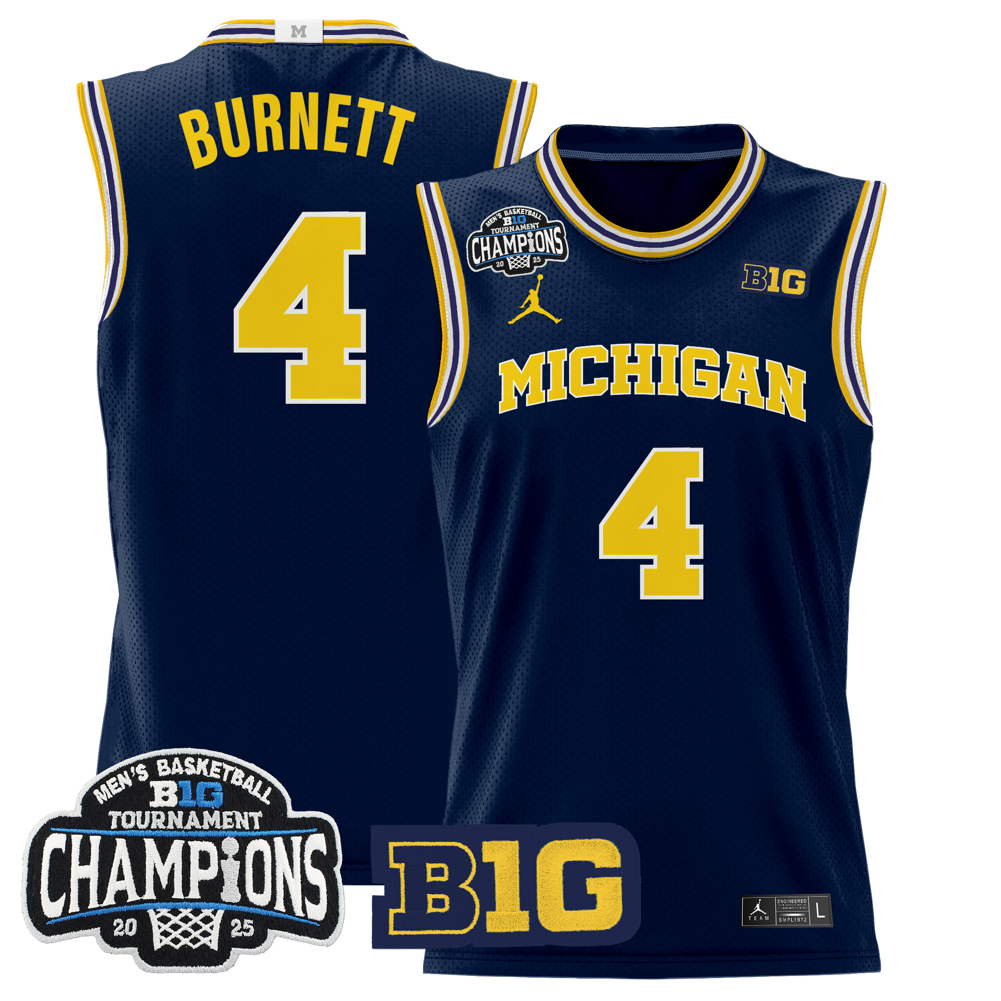 Nimari Burnett Men's Michigan Wolverines 2025 Big Ten Conference Tournament Champions Basketball Navy Jersey - All Stitched