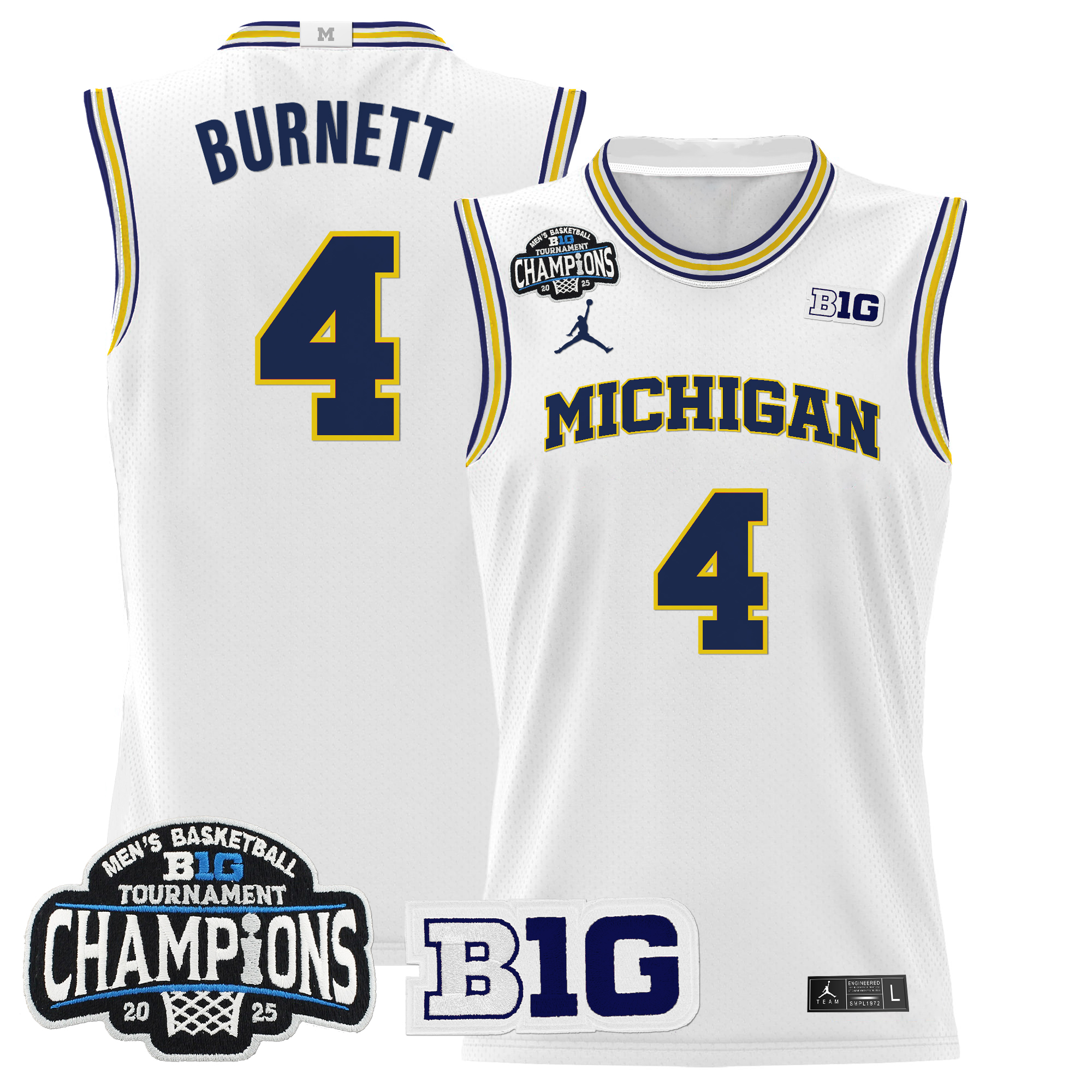 Nimari Burnett Men's Michigan Wolverines 2025 Big Ten Conference Tournament Champions Basketball White Jersey - All Stitched