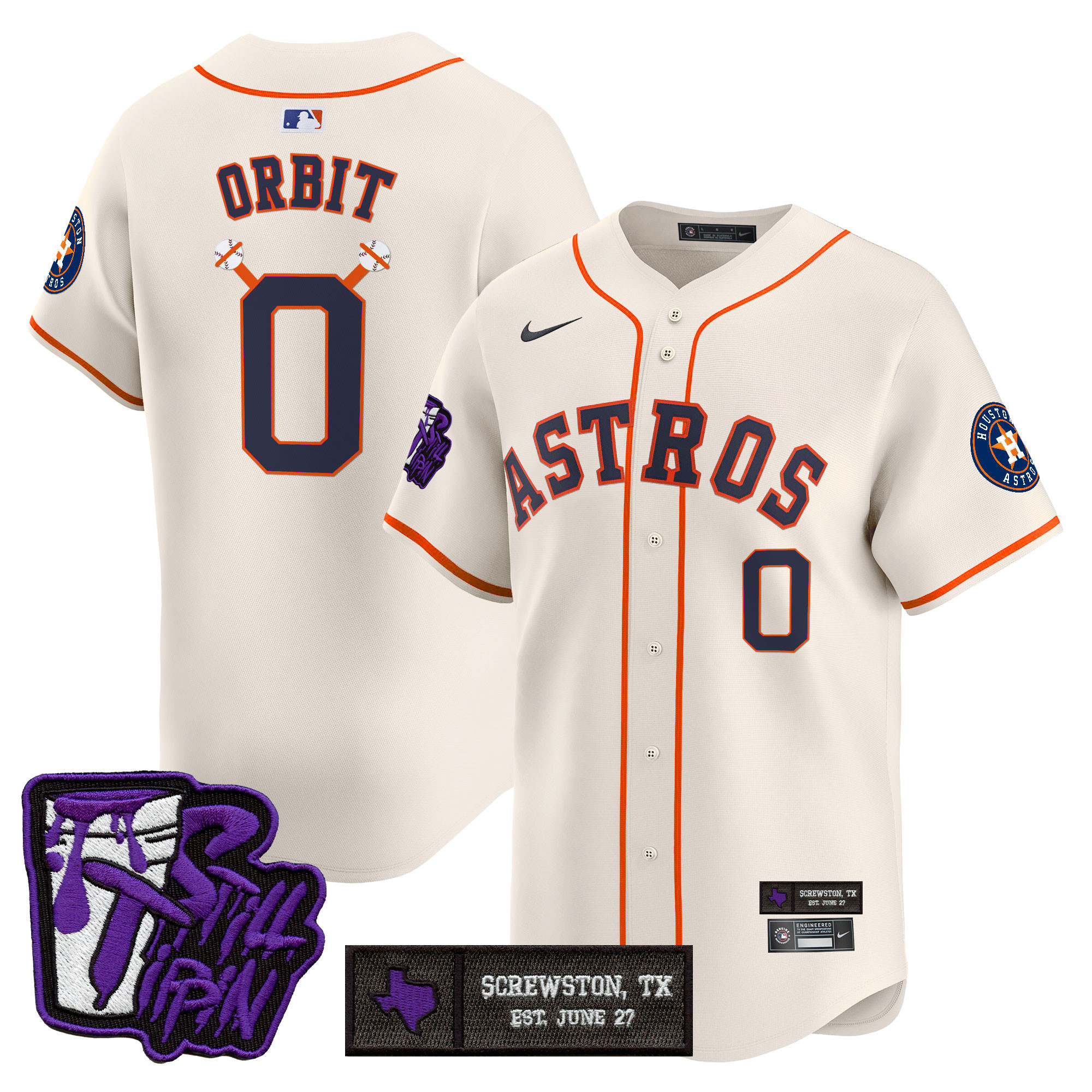 Orbit Men's Houston Astros DJ Screw Still Tippin Purple Patch Vapor Premier Limited Cream Jersey - Stitched