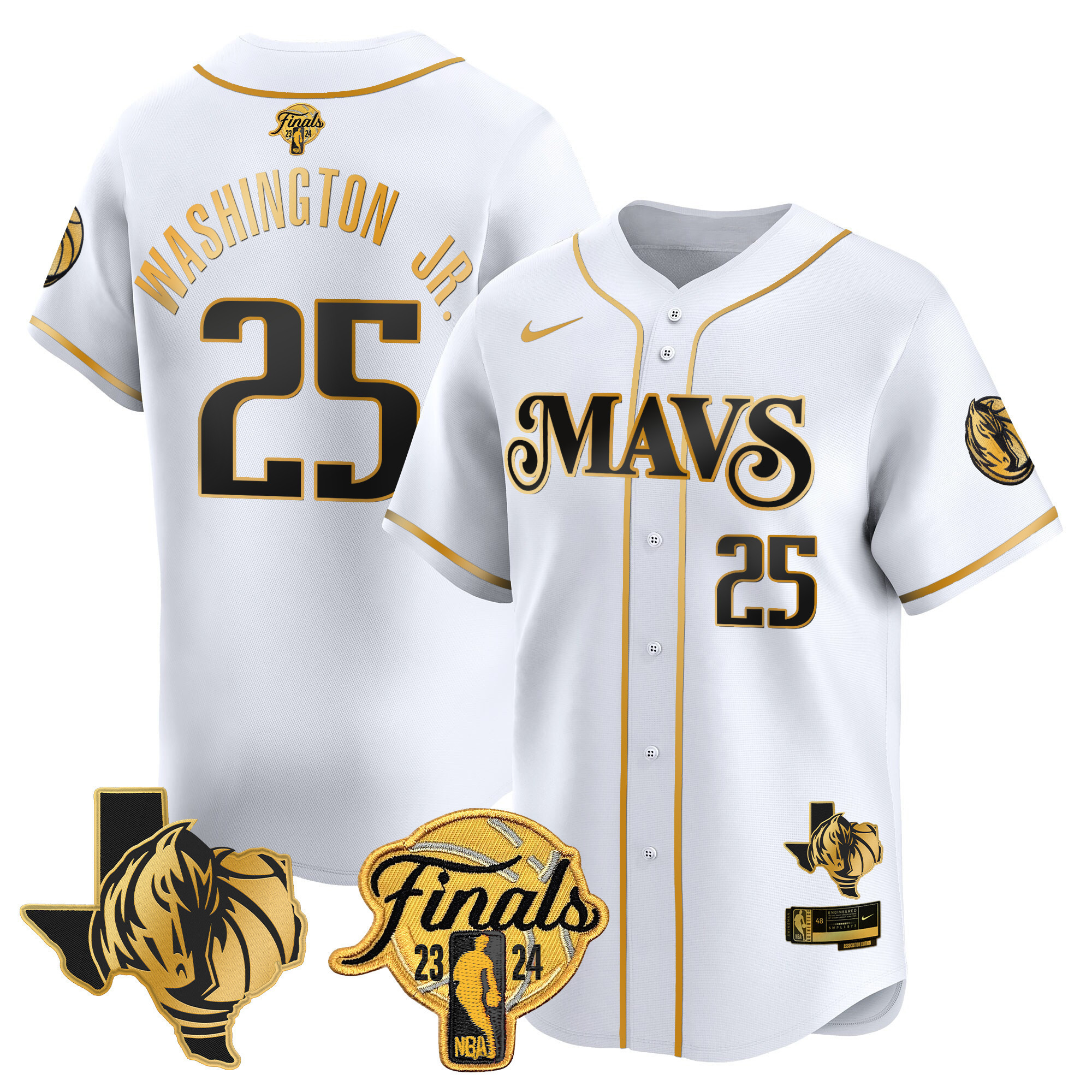 P.J. Washington Men's Dallas Mavericks 2024 Finals & Texas Patch Baseball White Gold Jersey - All Stitched