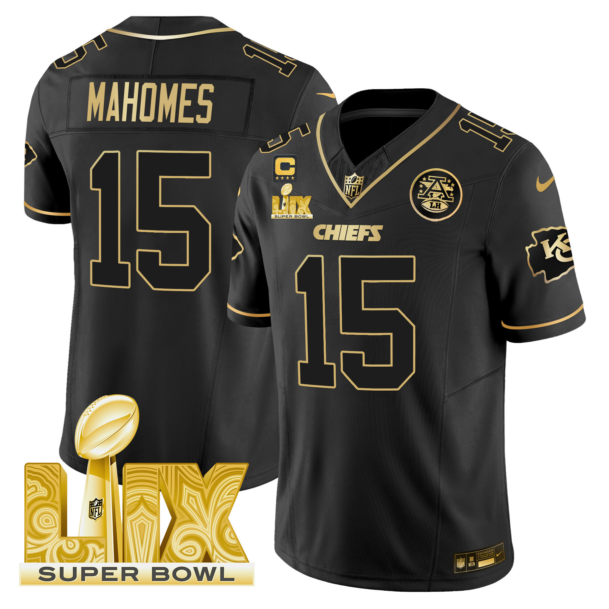 Patrick Mahomes Men's Kansas City Chiefs Super Bowl LIX Patch Gold Vapor Limited Black Gold Jersey - All Stitched